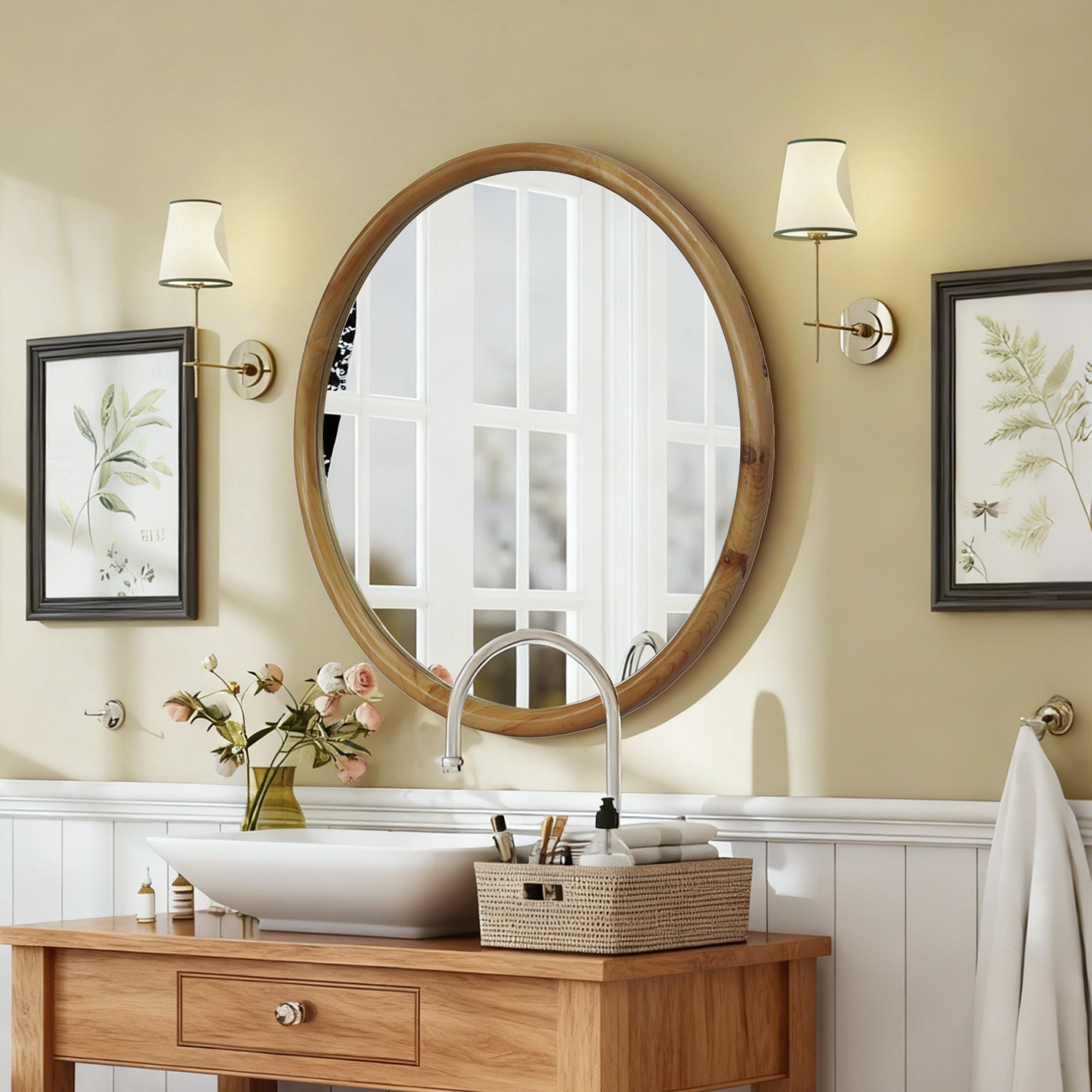 35.43 Inch Circle Mirror, Smooth Natural Wood Frame