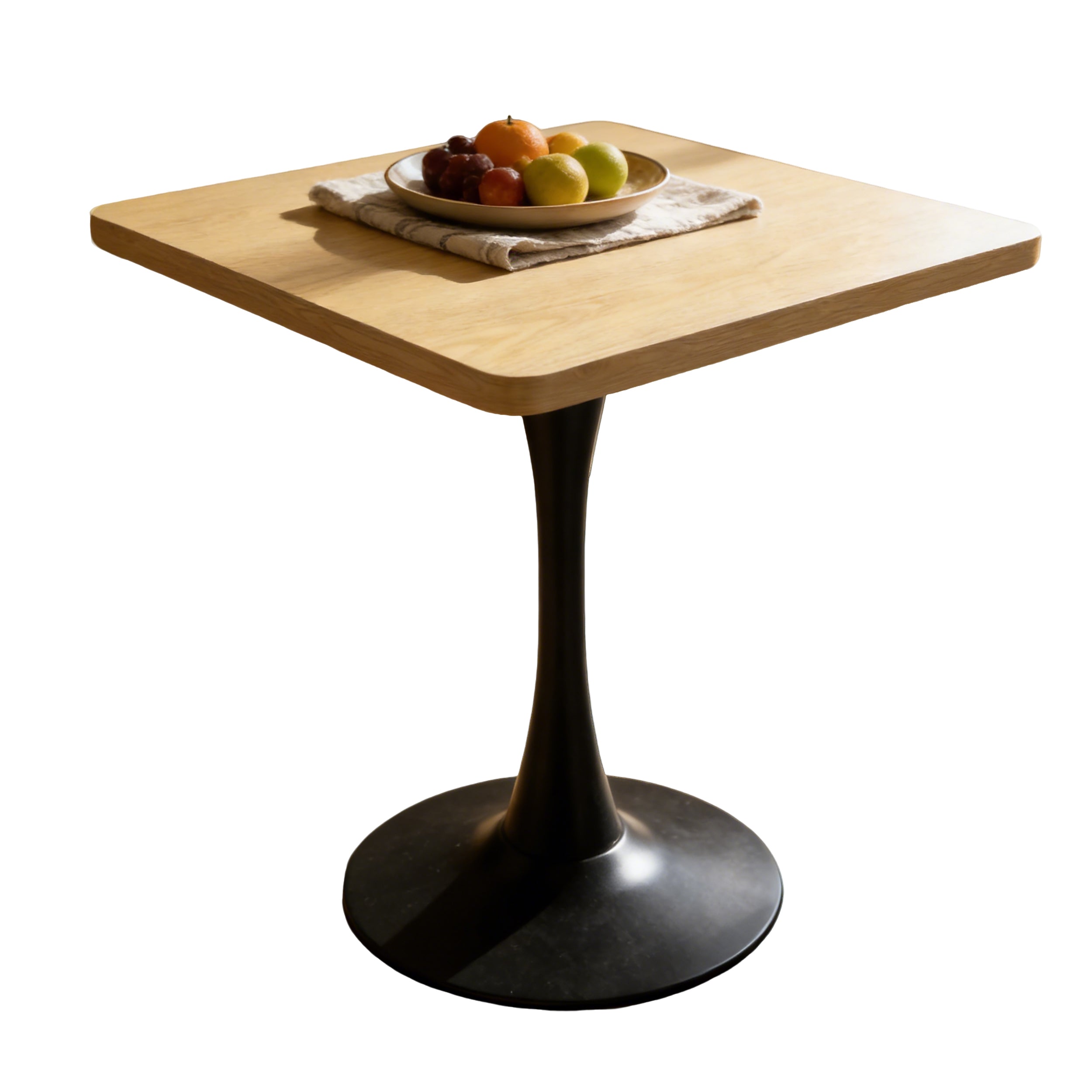 Three-quarter white studio view of the natural square tulip dining table topped with a bowl of fruit