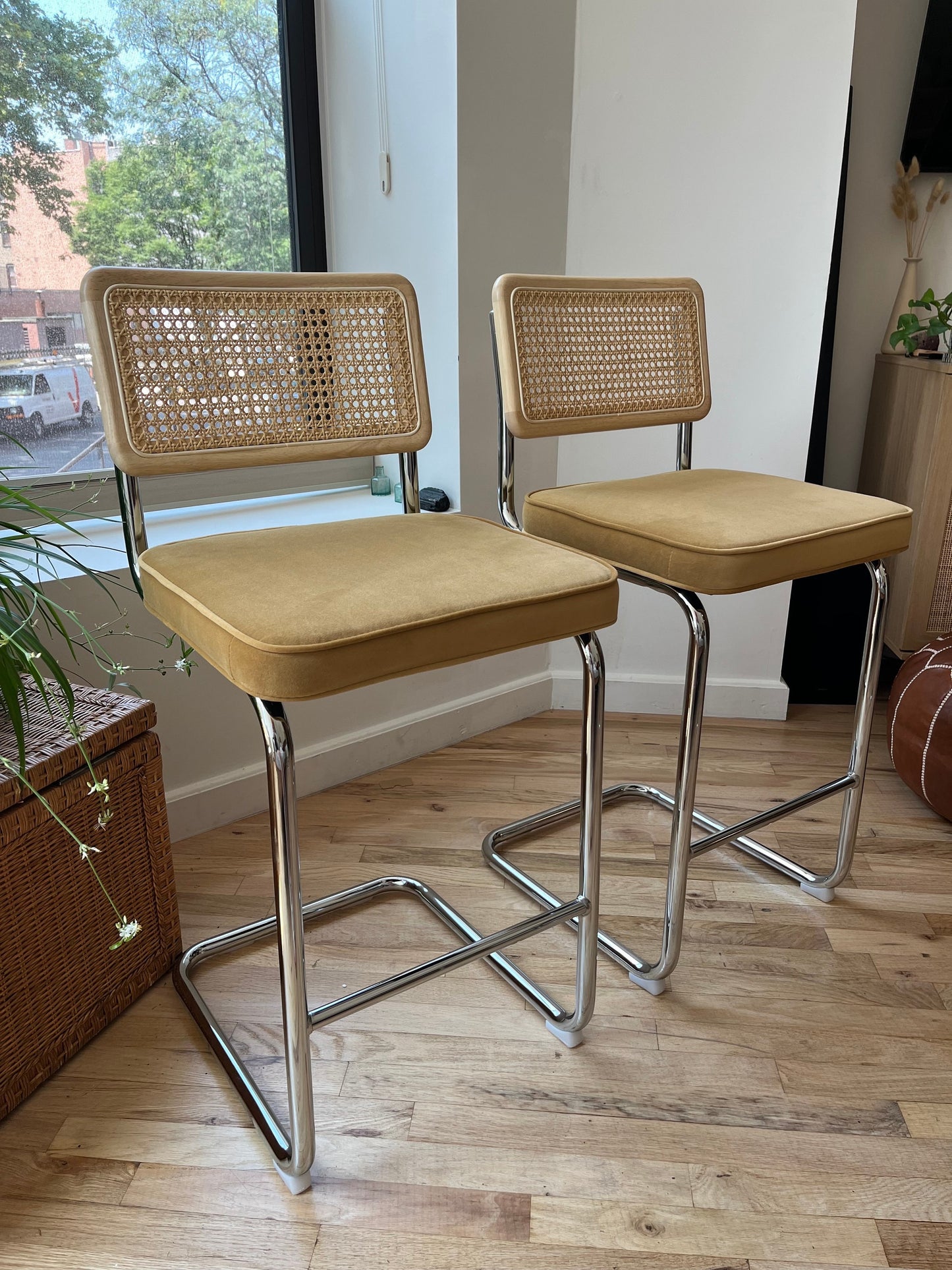 Rattan Counter Stools Set of 2 – Stainless Steel Legs & Yellow Velvet