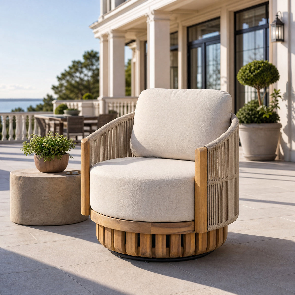 Teak Finish Solid Wood Outdoor Swivel Chair with Cushions