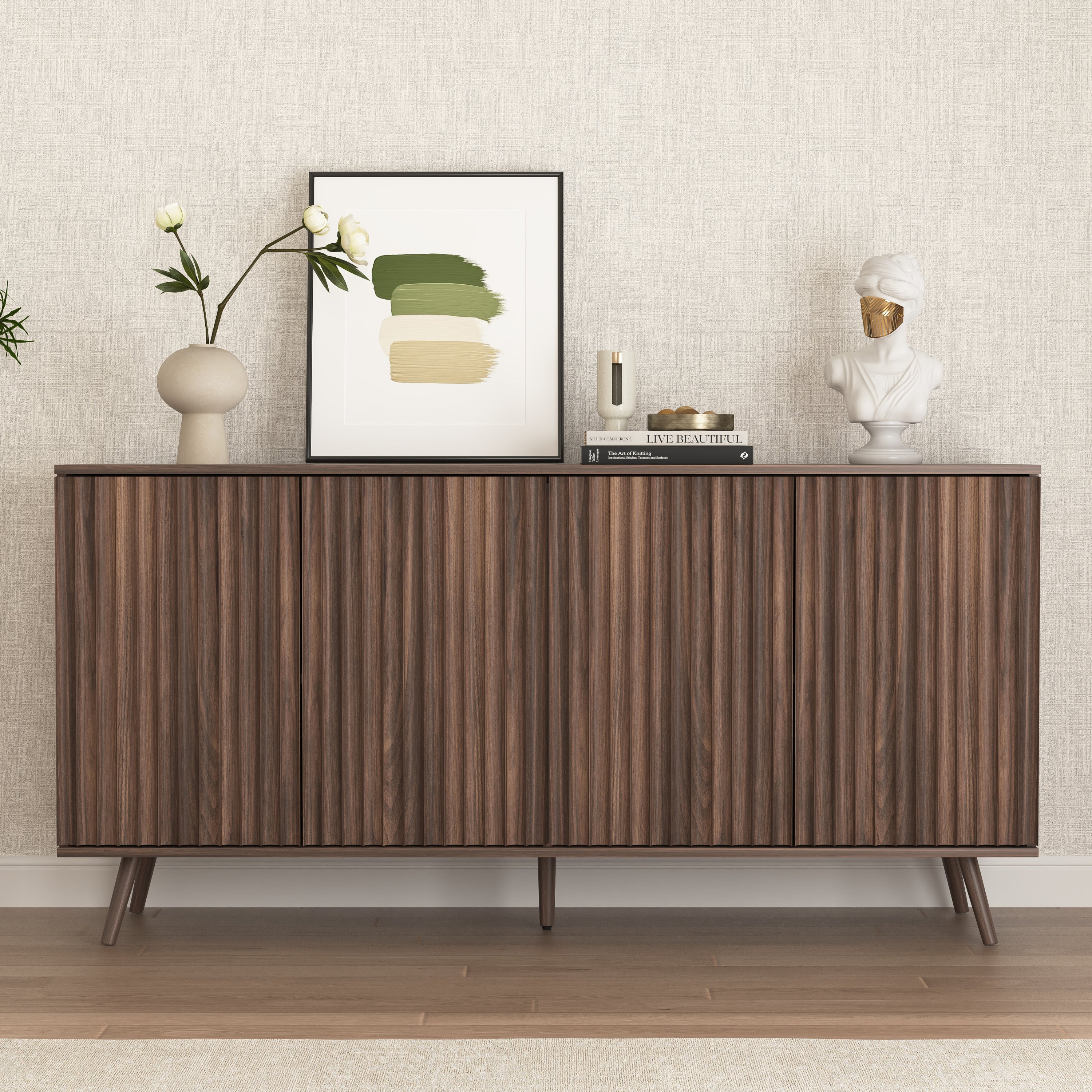 Fluted 4-Door Bar Cabinet, 59 in, Walnut