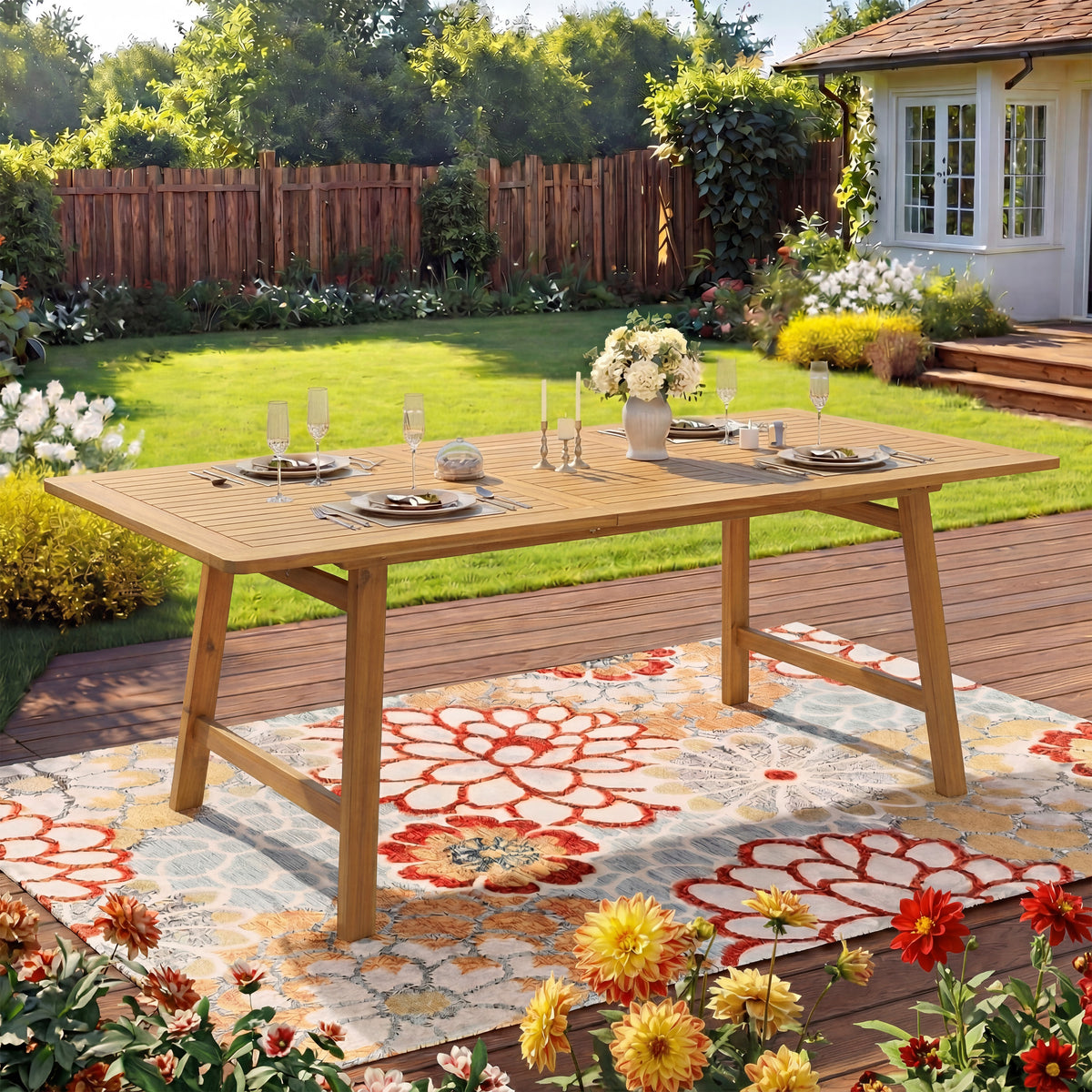 Teak Finish Solid Wood Rectangular Outdoor Dining Table Extendable, 78.7 in Wide