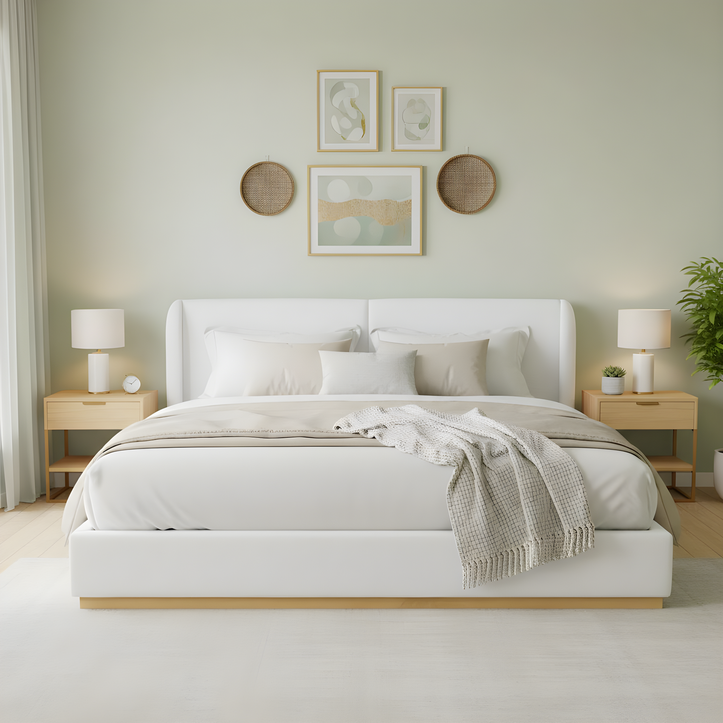 White bouclé king bed with enclosed wood base in a sage green bedroom