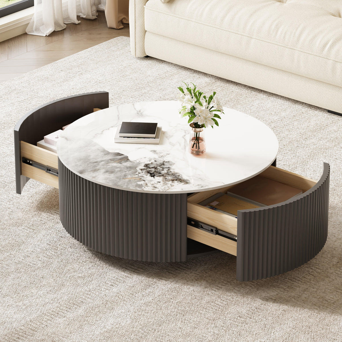 Gray Sintered Stone Round Coffee Table, 2 Drawers, 29.5 in