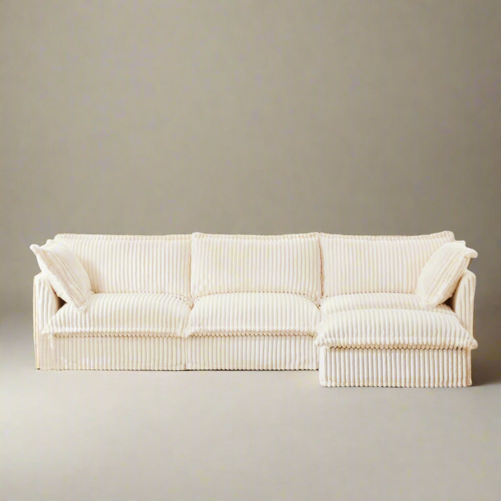 Fluffy 3-Seat Modular Sofa in Corduroy Cream with 1 ottoman #OttOnly_1 #Fabric_Corduroy Cream