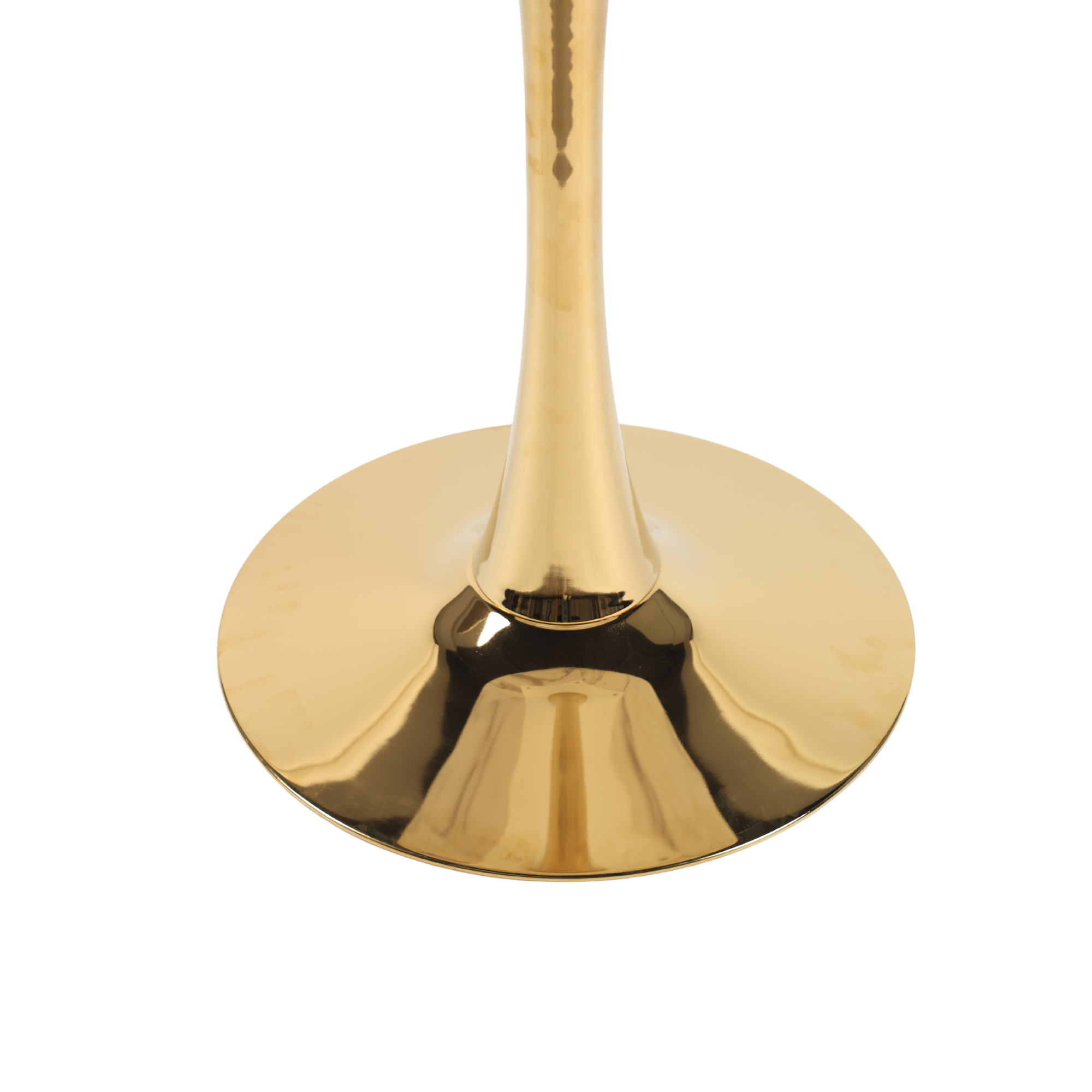 Close-up of the shiny gold tulip pedestal stem and round base