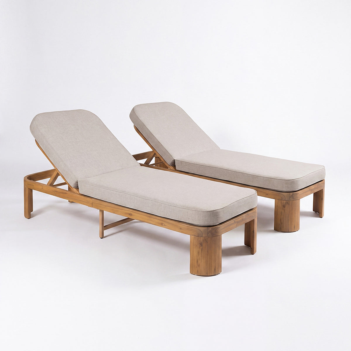 Teak Finish Solid Wood Adjustable Outdoor Chaise Lounge, Set of 2, Beige Cushion