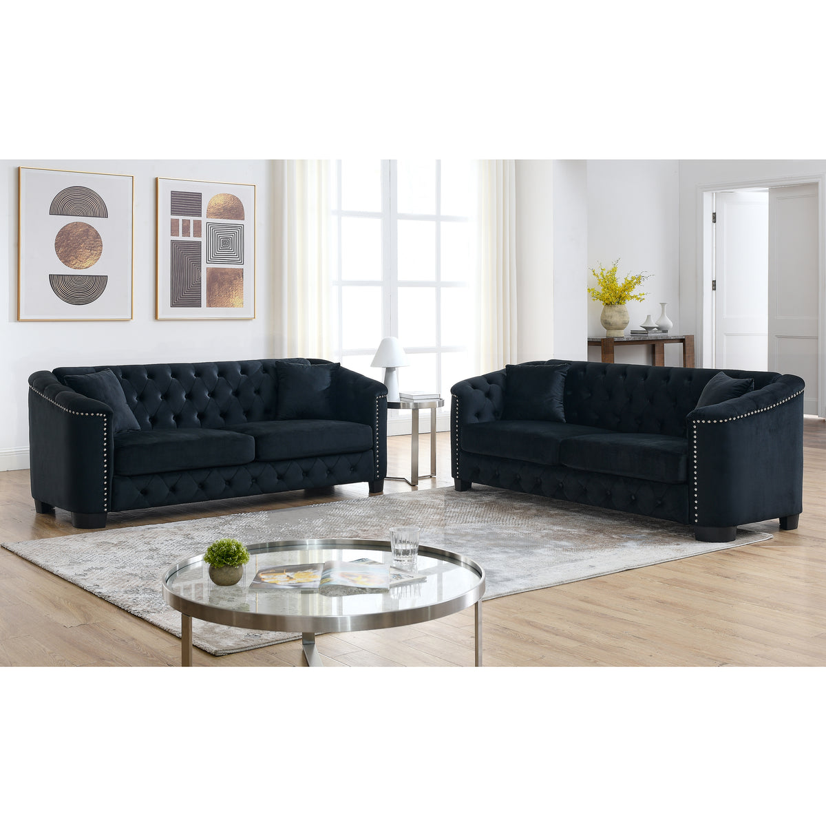 Black Velvet 6-Seat Chesterfield Sofa, Deep Seat
