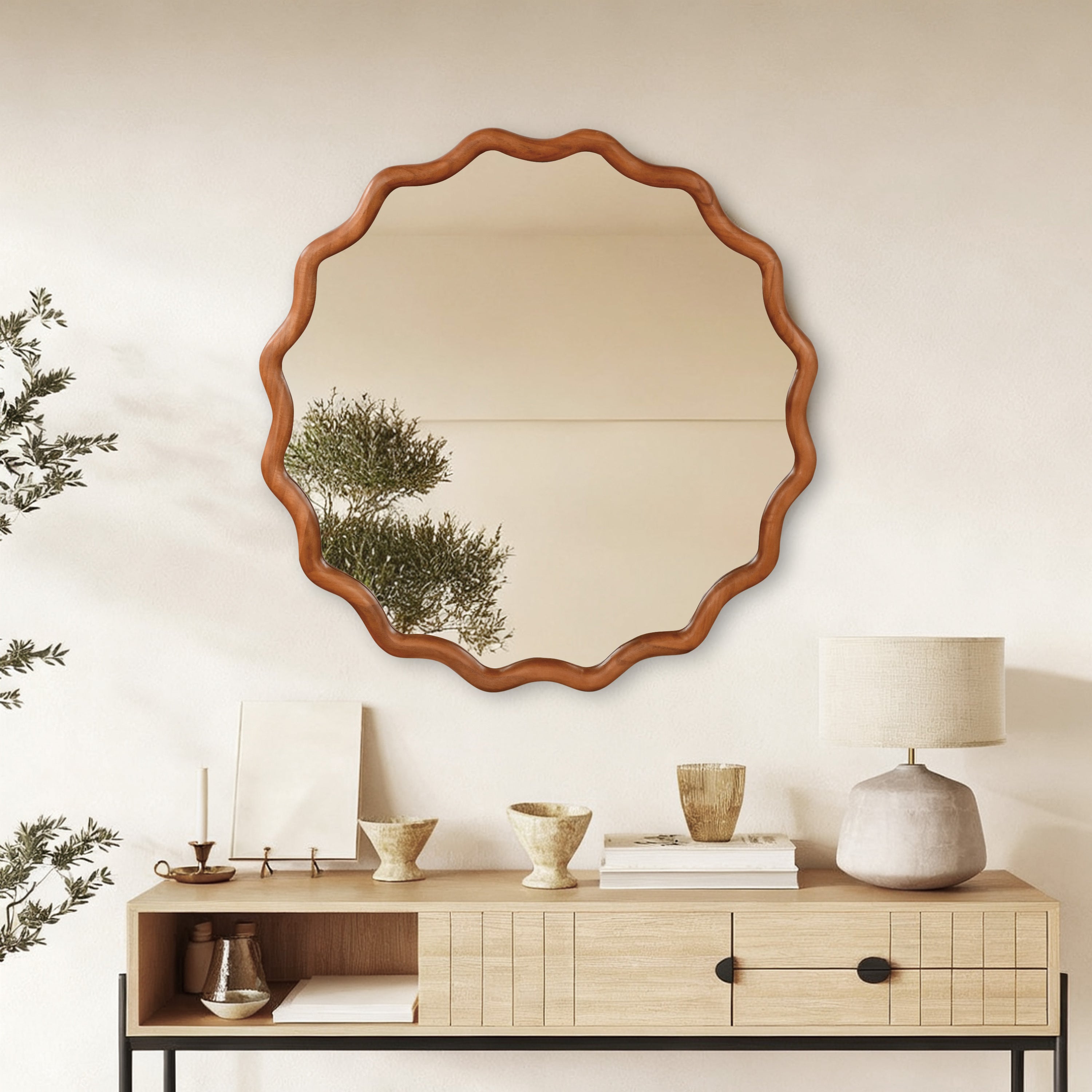 36 Inch Wavy Mirror, Solid Wood Frame, Yellow Brown
