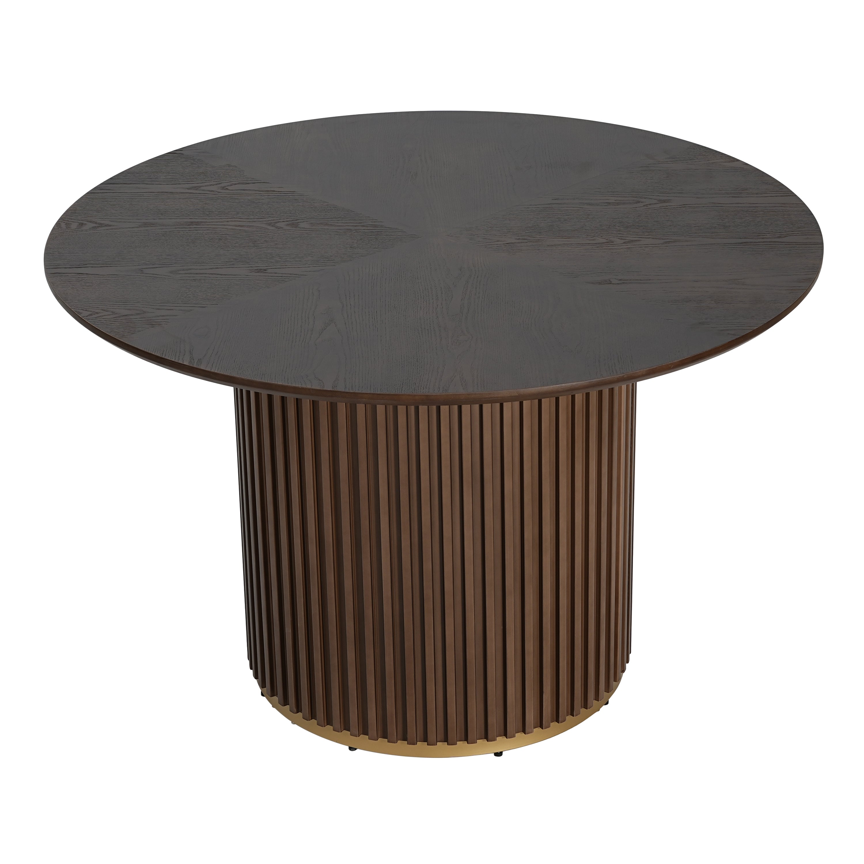 Front three-quarter studio view of the walnut round pedestal dining table