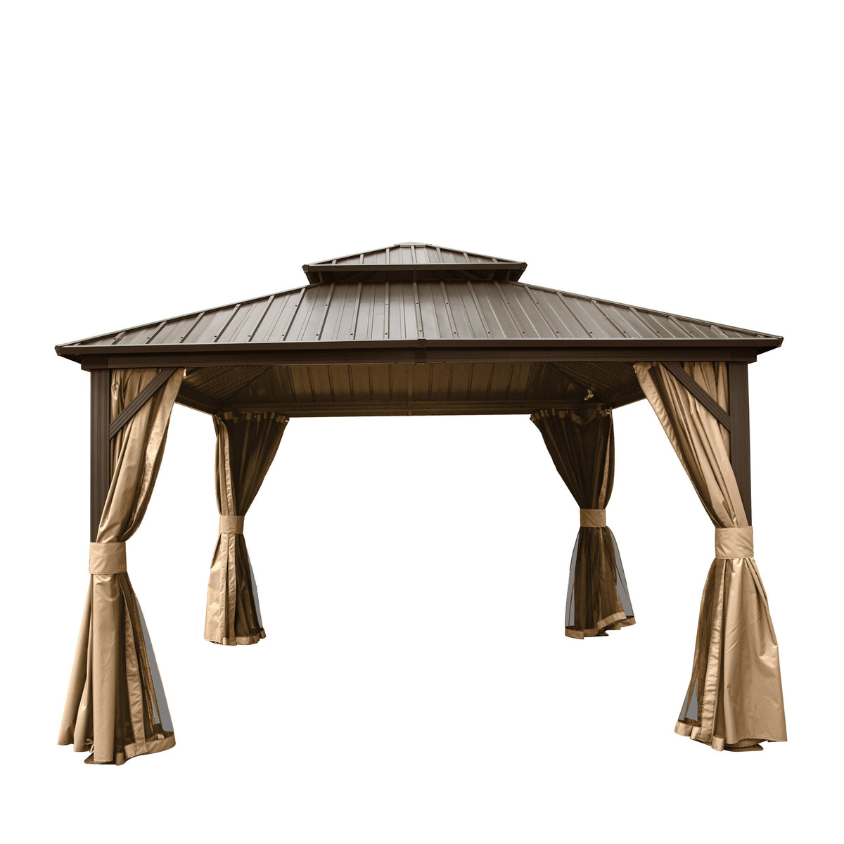 12x12 ft Brown Aluminum Double Roof Hardtop Gazebo with Netting and Curtains