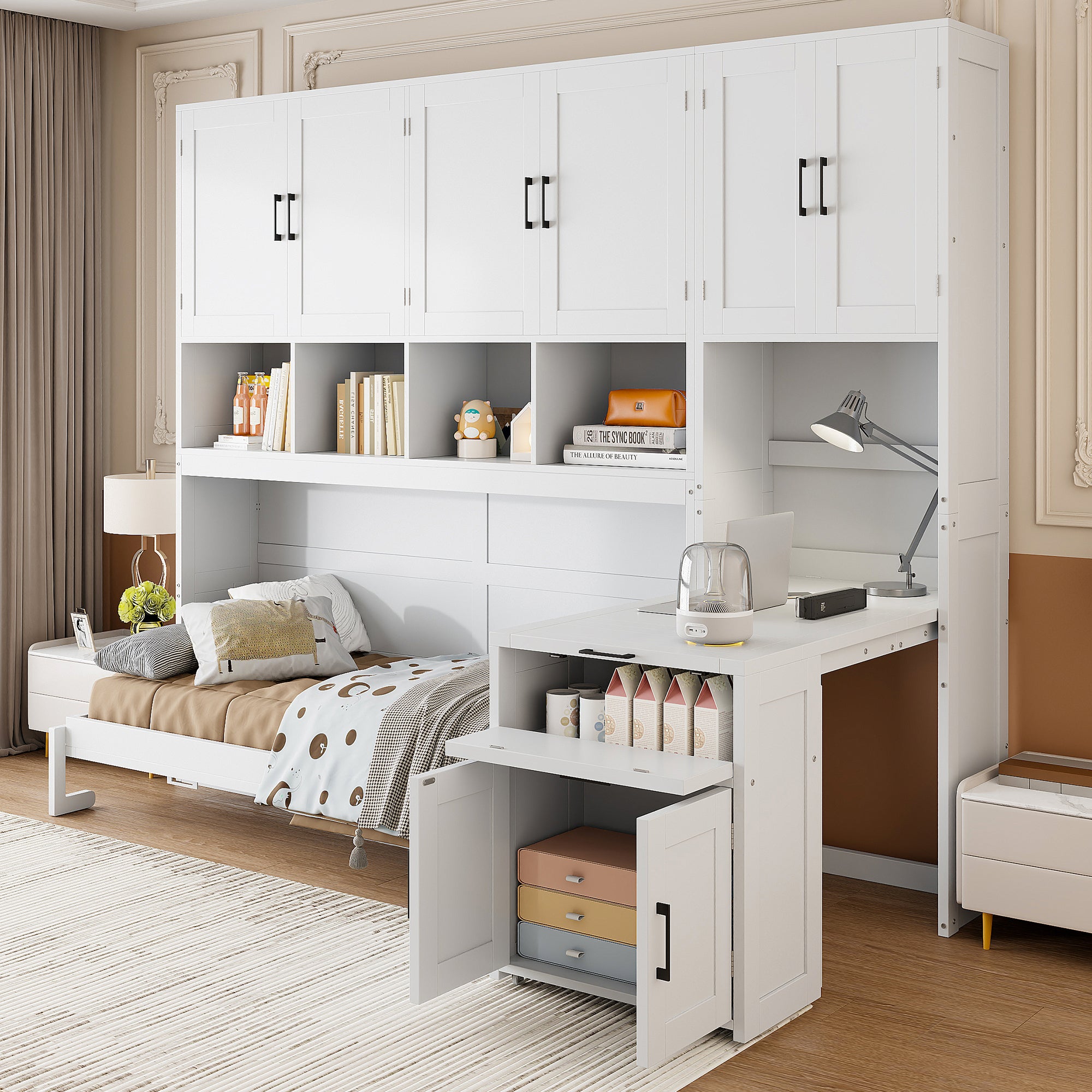 Twin Murphy Bed with Drawers and Under-Bed Storage, White