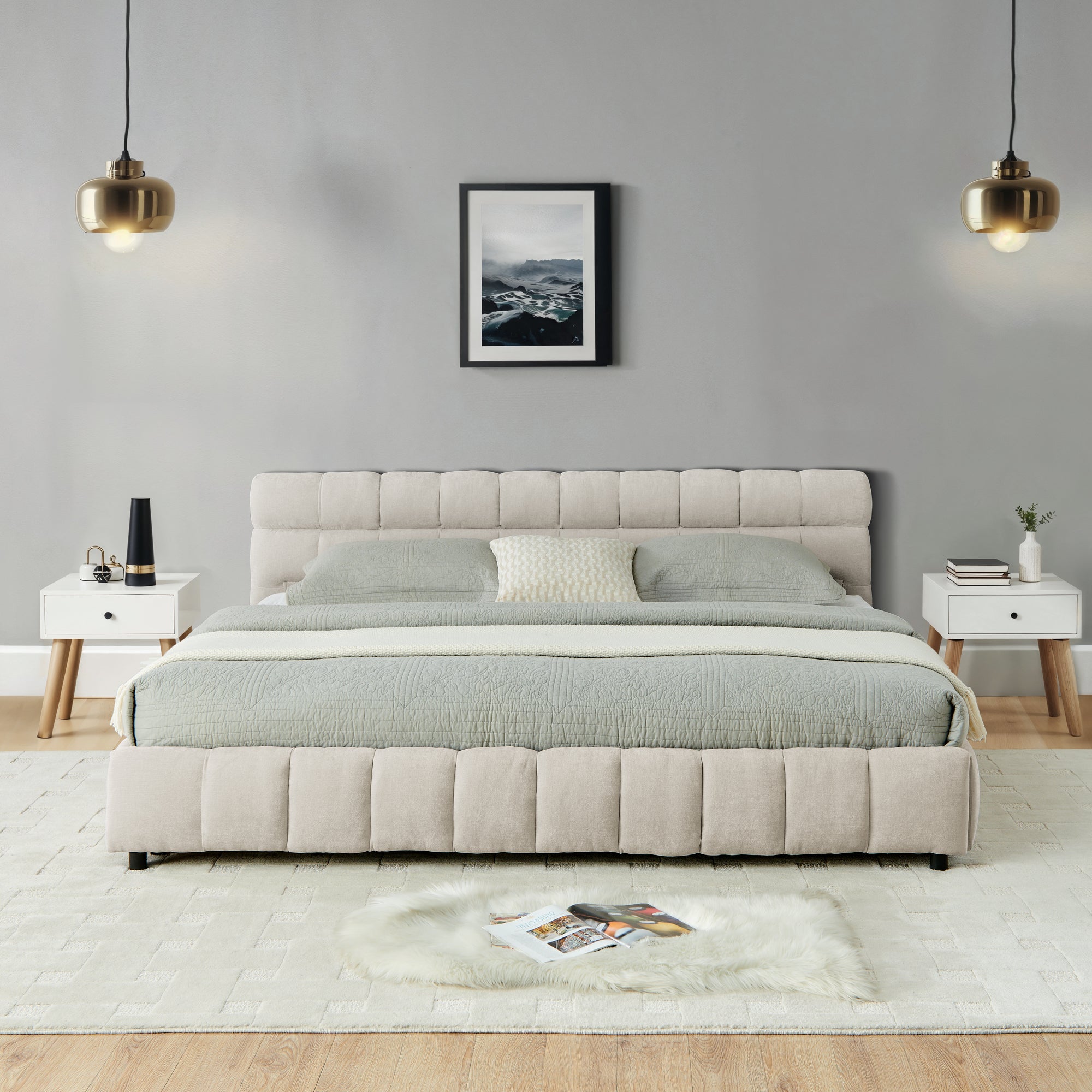 Close-up of tufted beige chenille headboard corner near wall