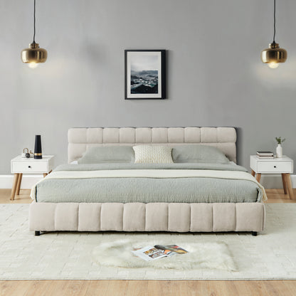 Close-up of tufted beige chenille headboard corner near wall