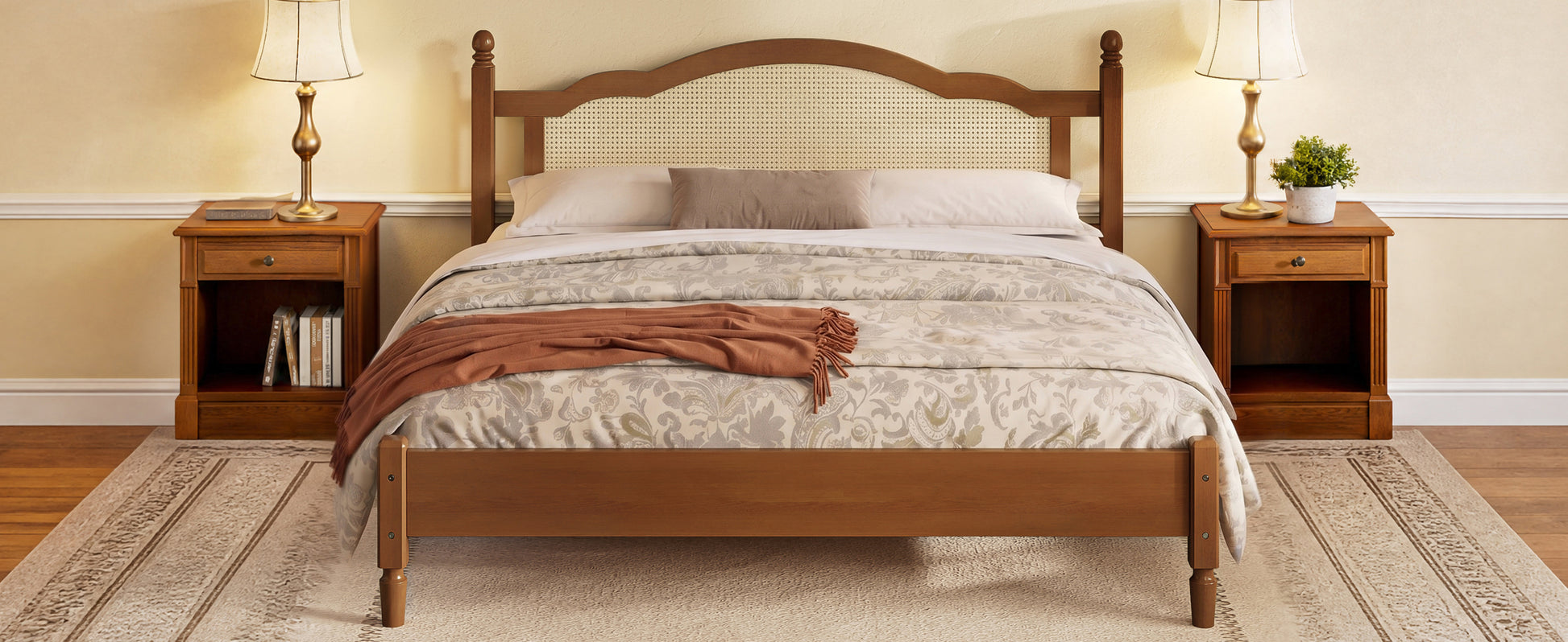 Walnut king bed frame promotional banner highlighting headboard design