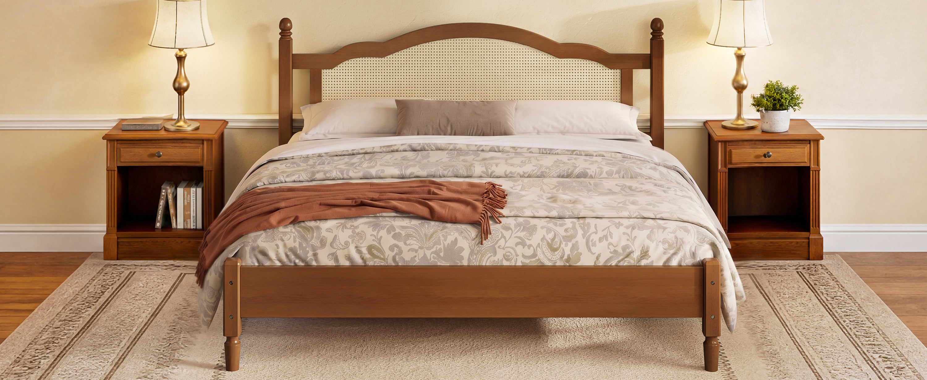 Walnut king bed frame promotional banner highlighting headboard design