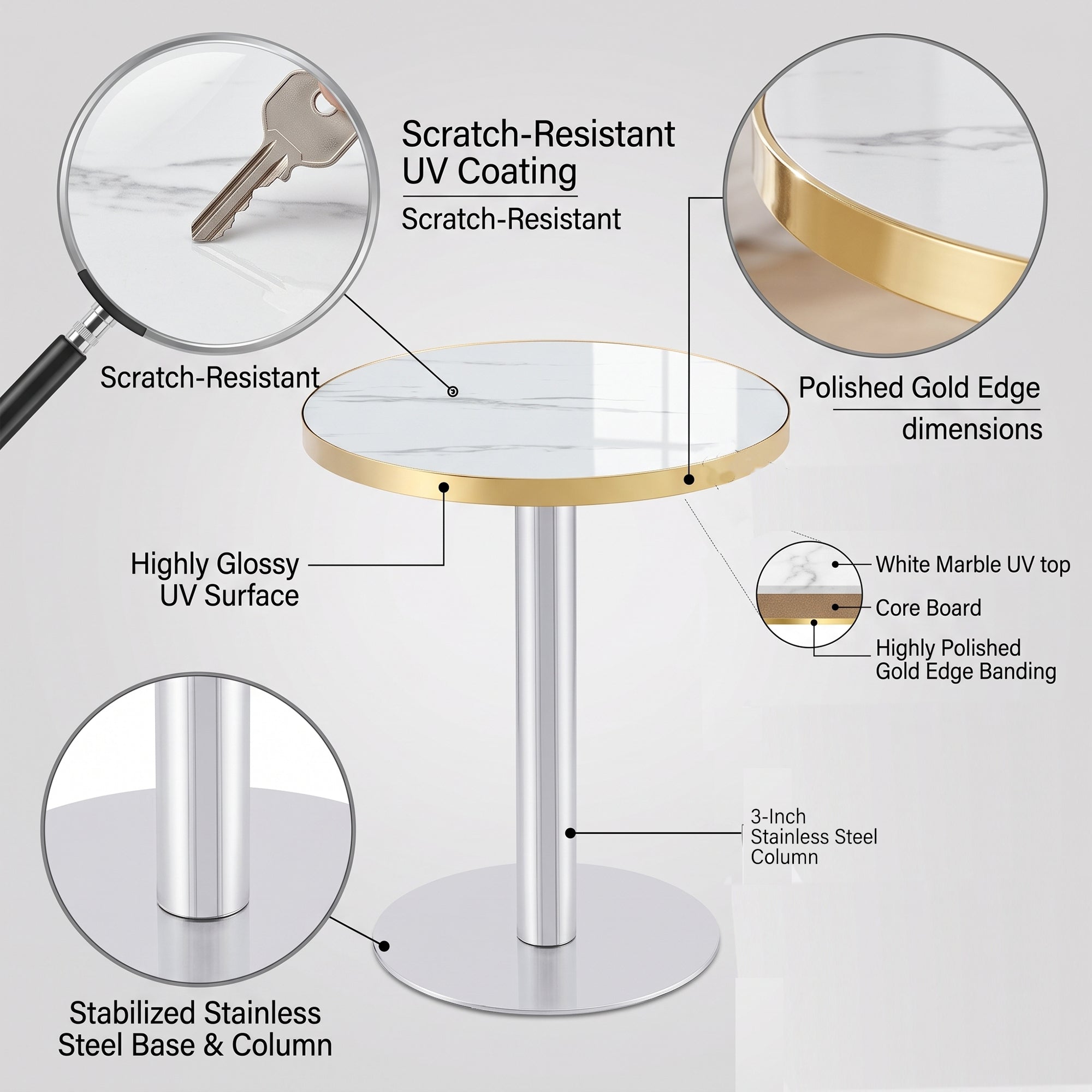 Feature graphic showing the scratch-resistant UV top layers and polished gold edge banding
