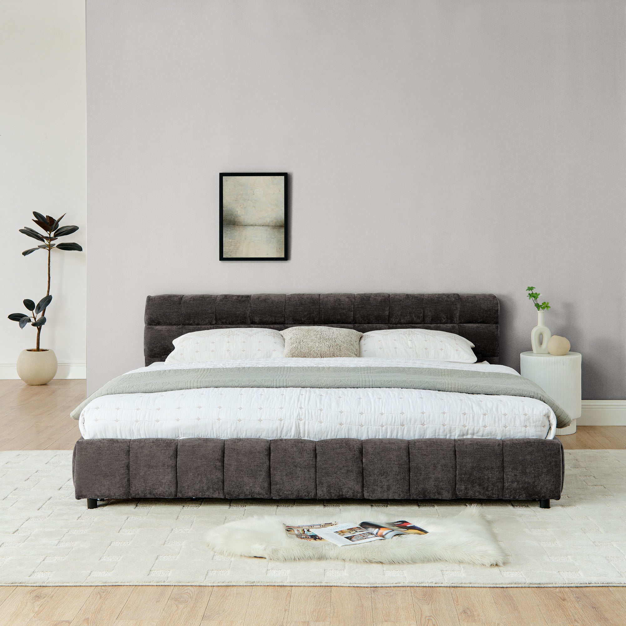 Wood slats and storage drawer detail on dark gray king bed frame