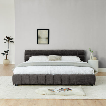 Wood slats and storage drawer detail on dark gray king bed frame