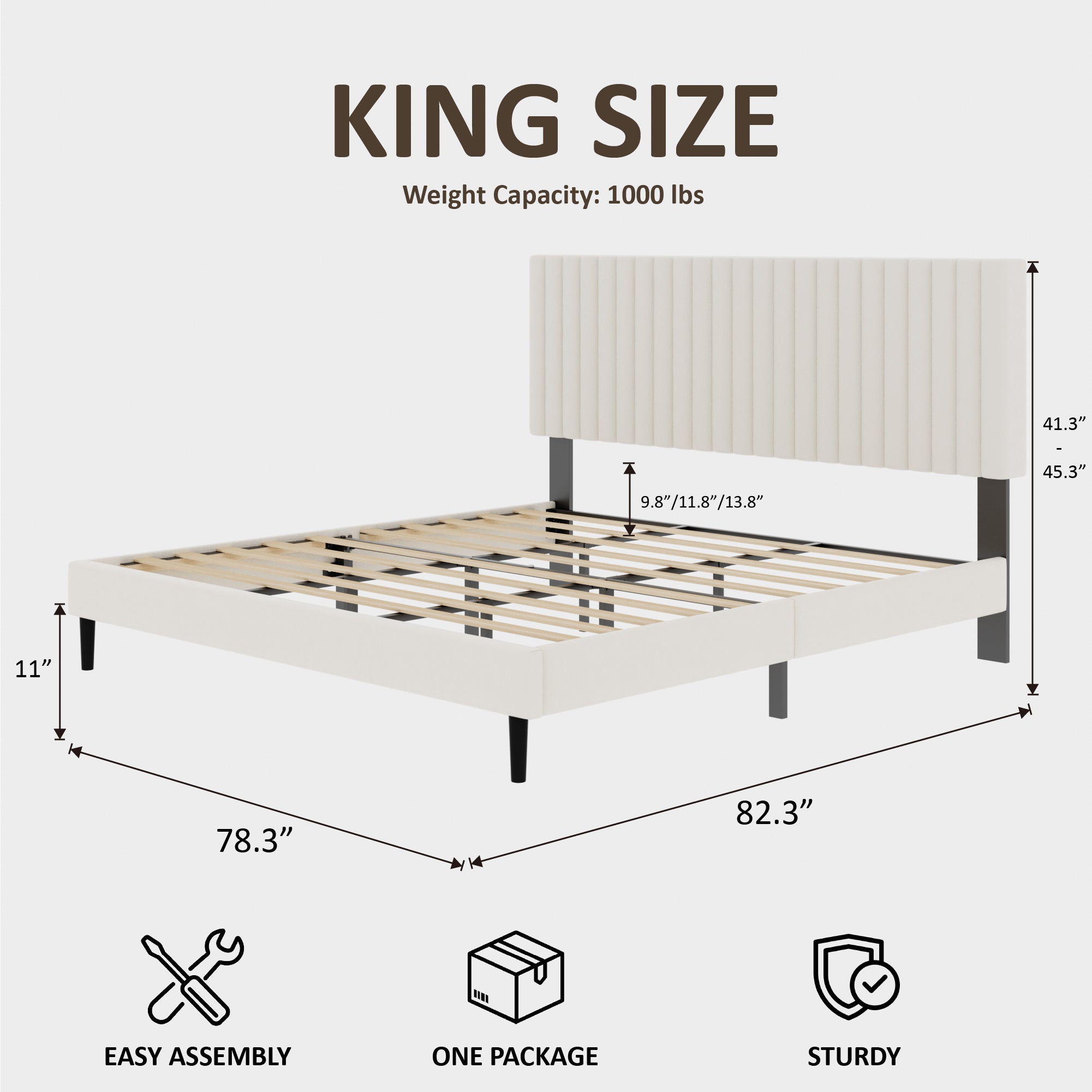 Diagram of king size velvet bed frame showing 82.3 by 78.3 inch dimensions