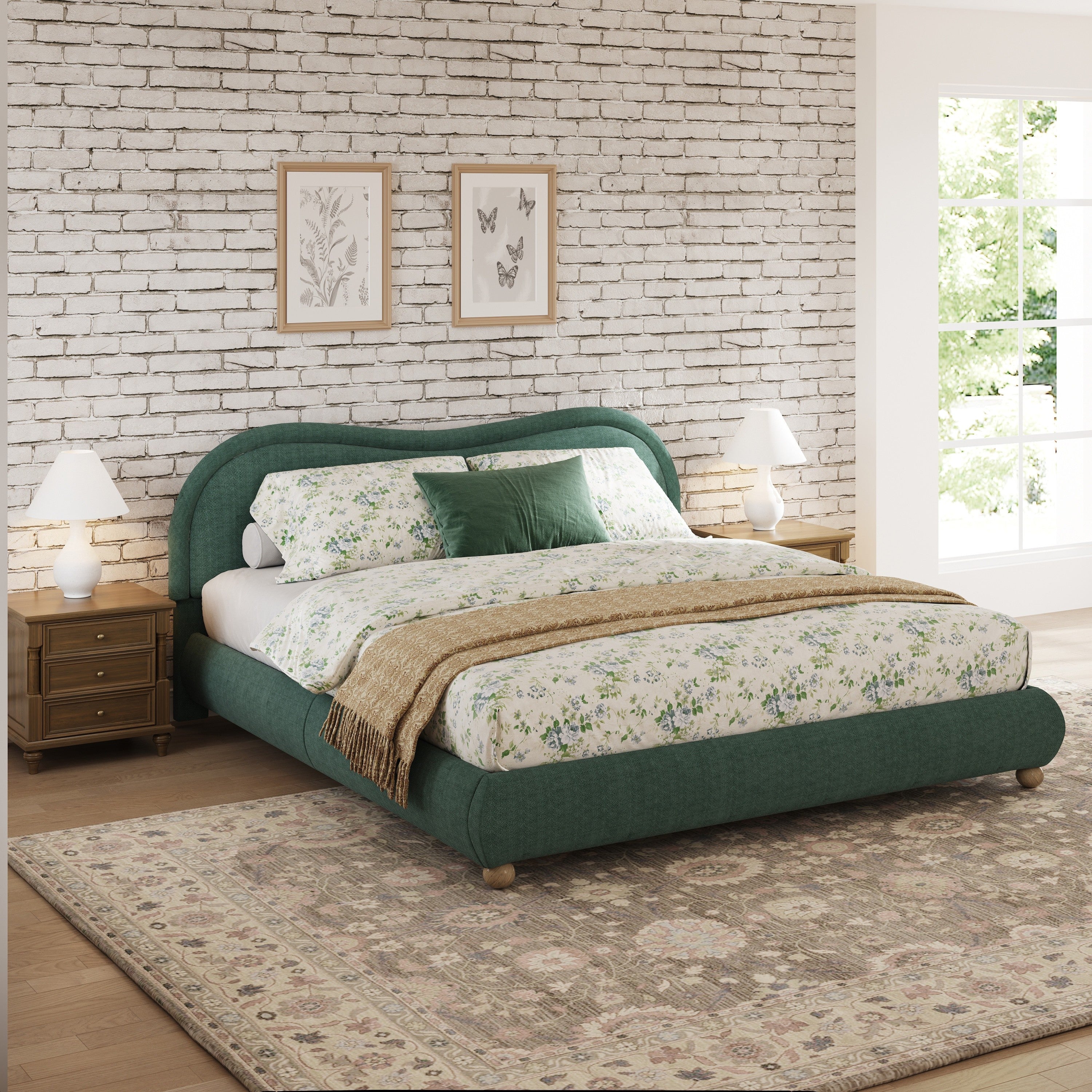Olive green king bed frame in bedroom with brick accent wall