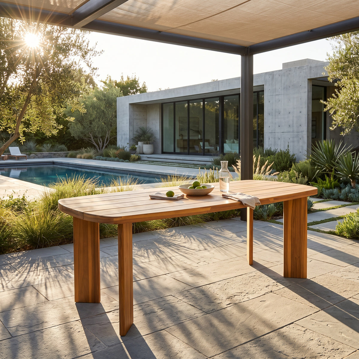 Teak Finish Solid Wood Rectangular Outdoor Dining Table, 70.9 in Wide