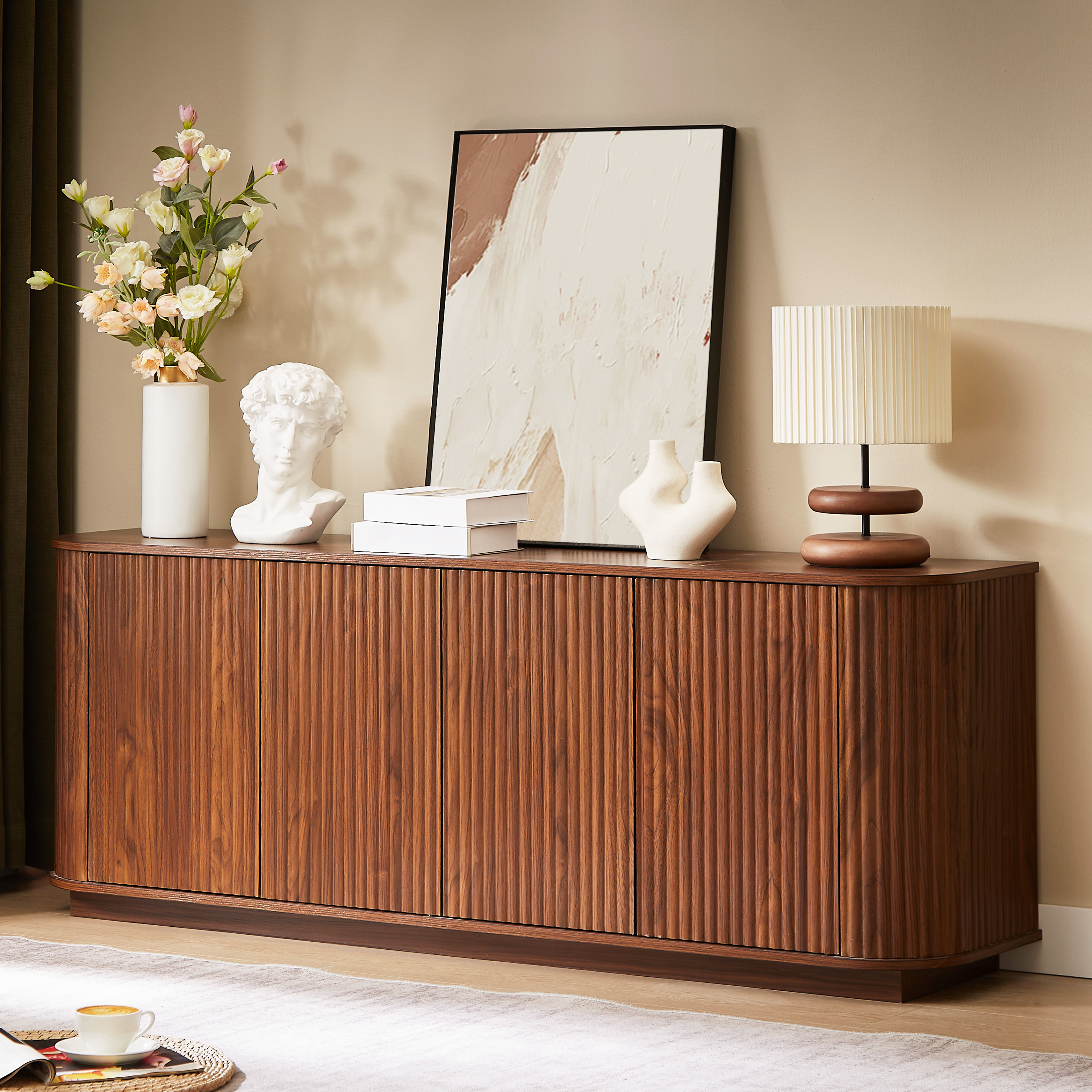 Fluted Walnut Sideboard TV Stand, 64 in, 4 Doors, Push-to-Open