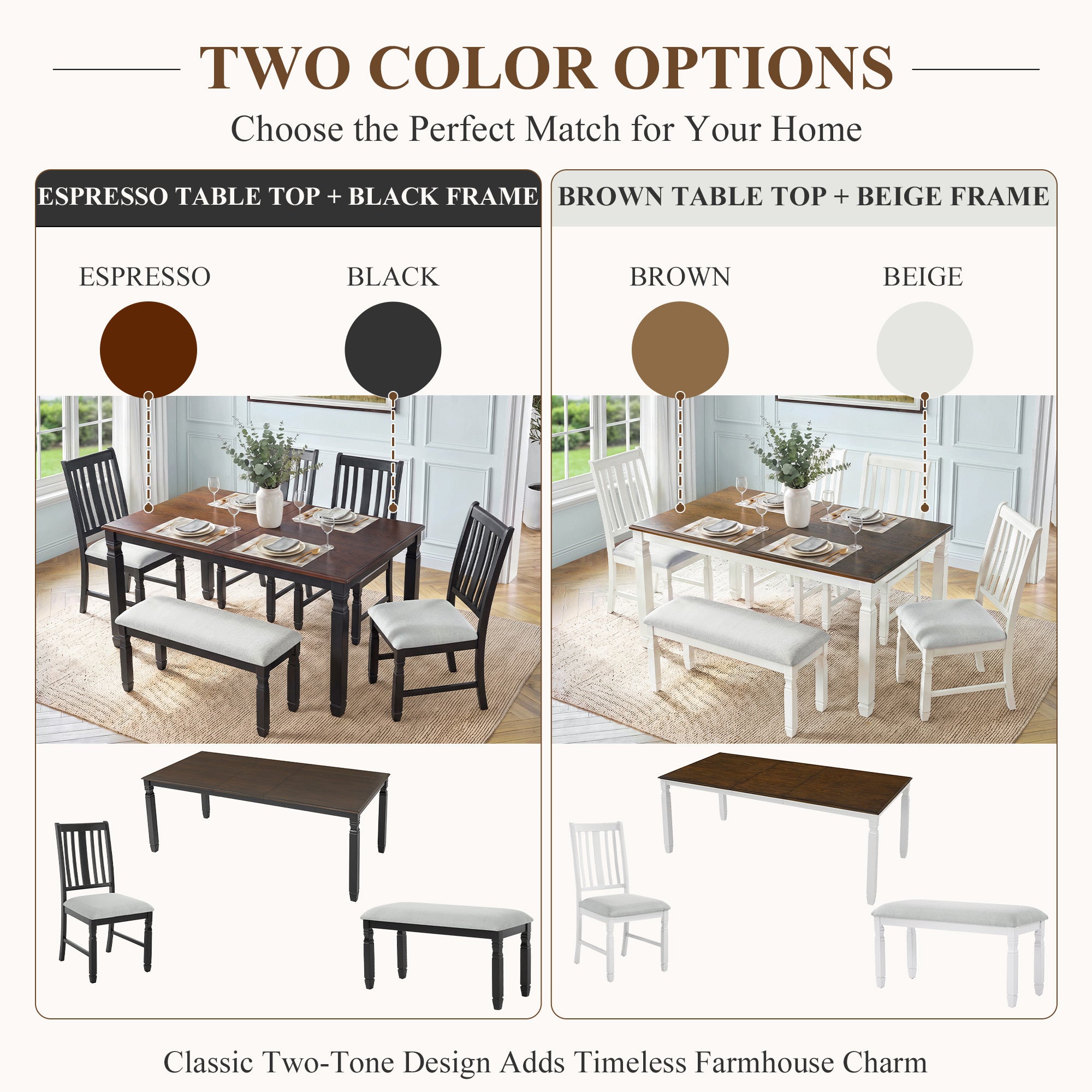 Colorway graphic comparing espresso top with black frame and brown top with beige frame dining set options