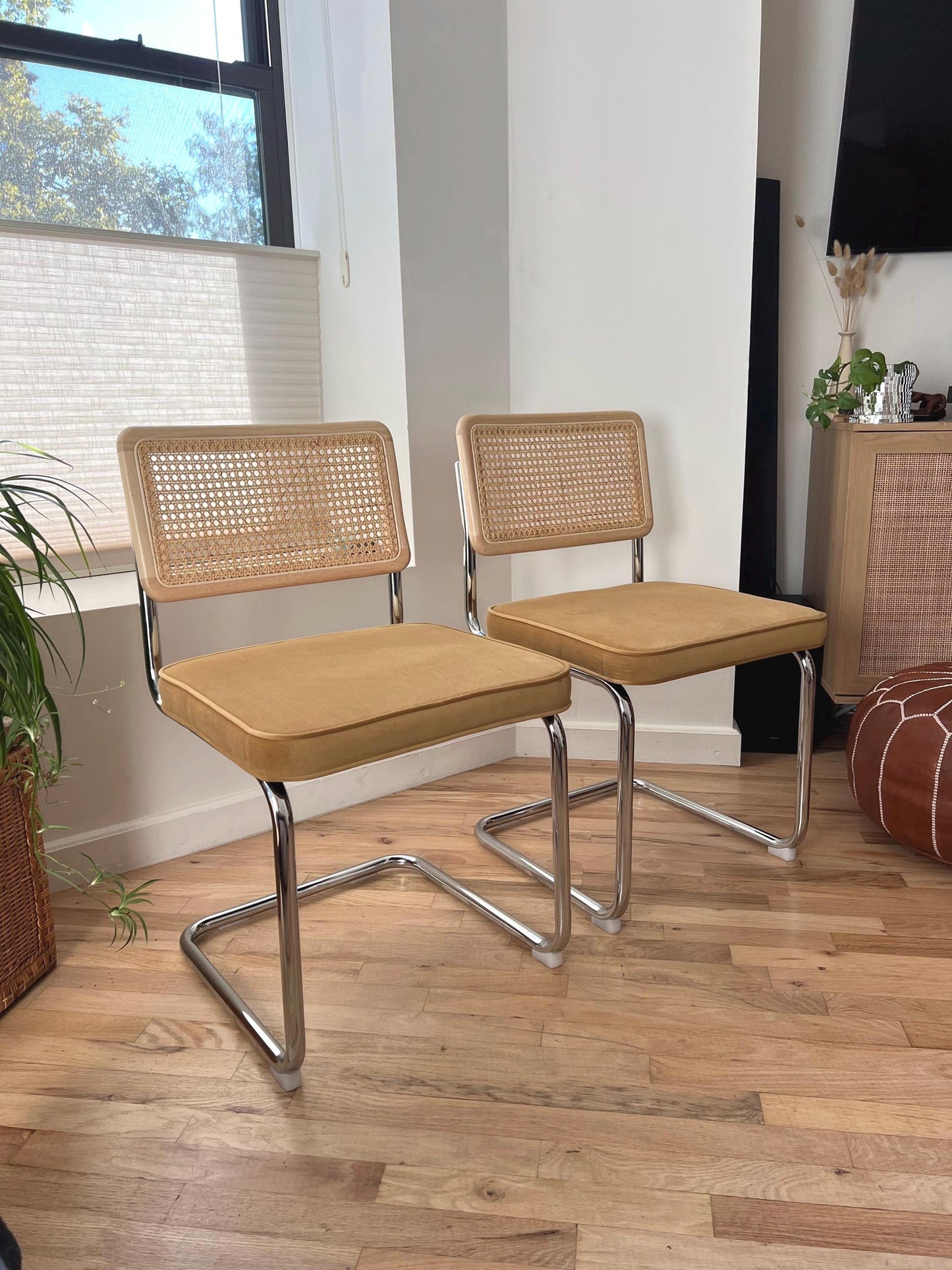 Midcentury Modern Dining Chair Set of 2 - Yellow Velvet with Rattan Accents