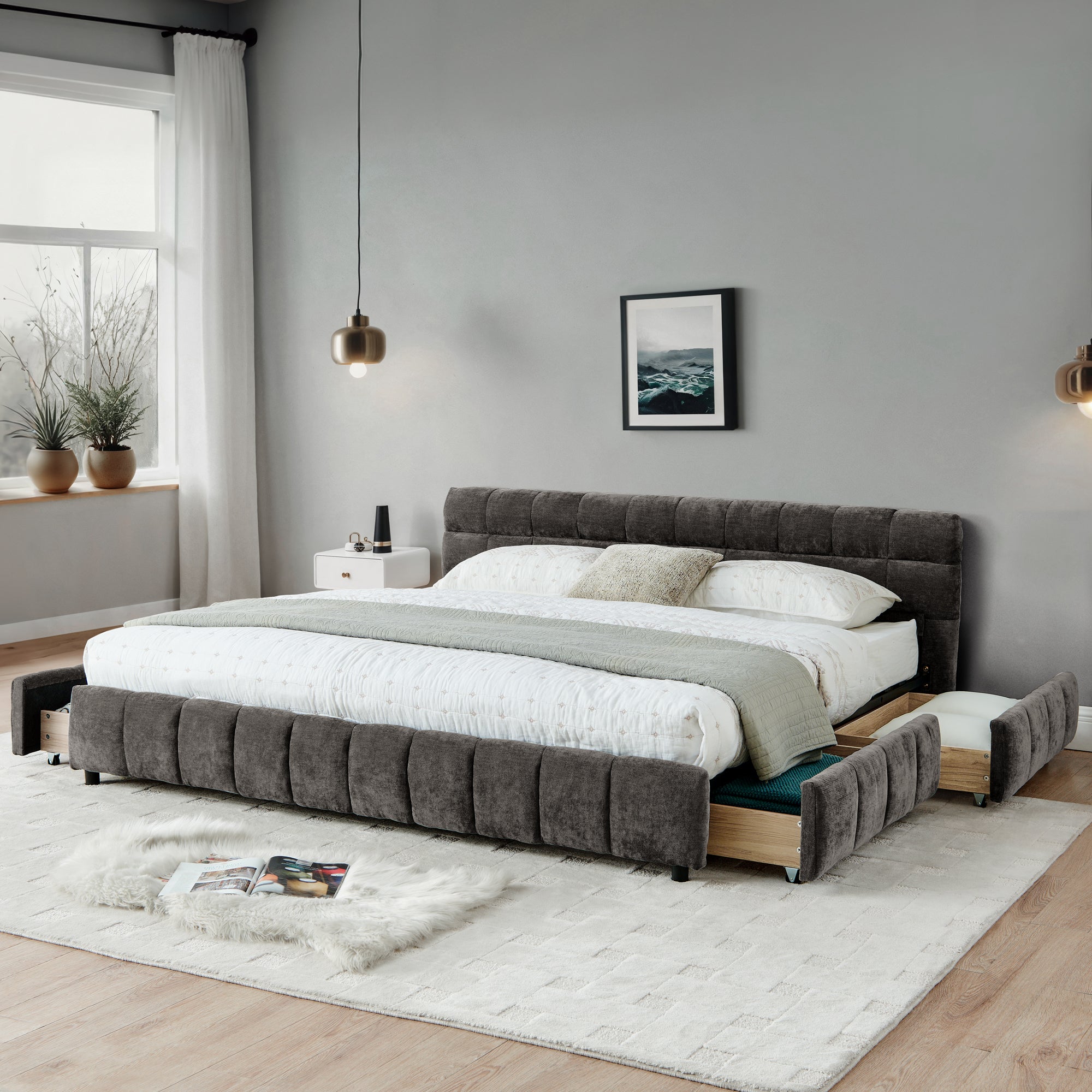 California King chenille bed frame, wide bedroom view with white nightstands
