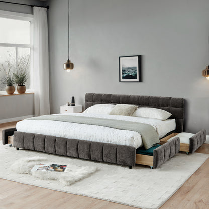 California King chenille bed frame, wide bedroom view with white nightstands