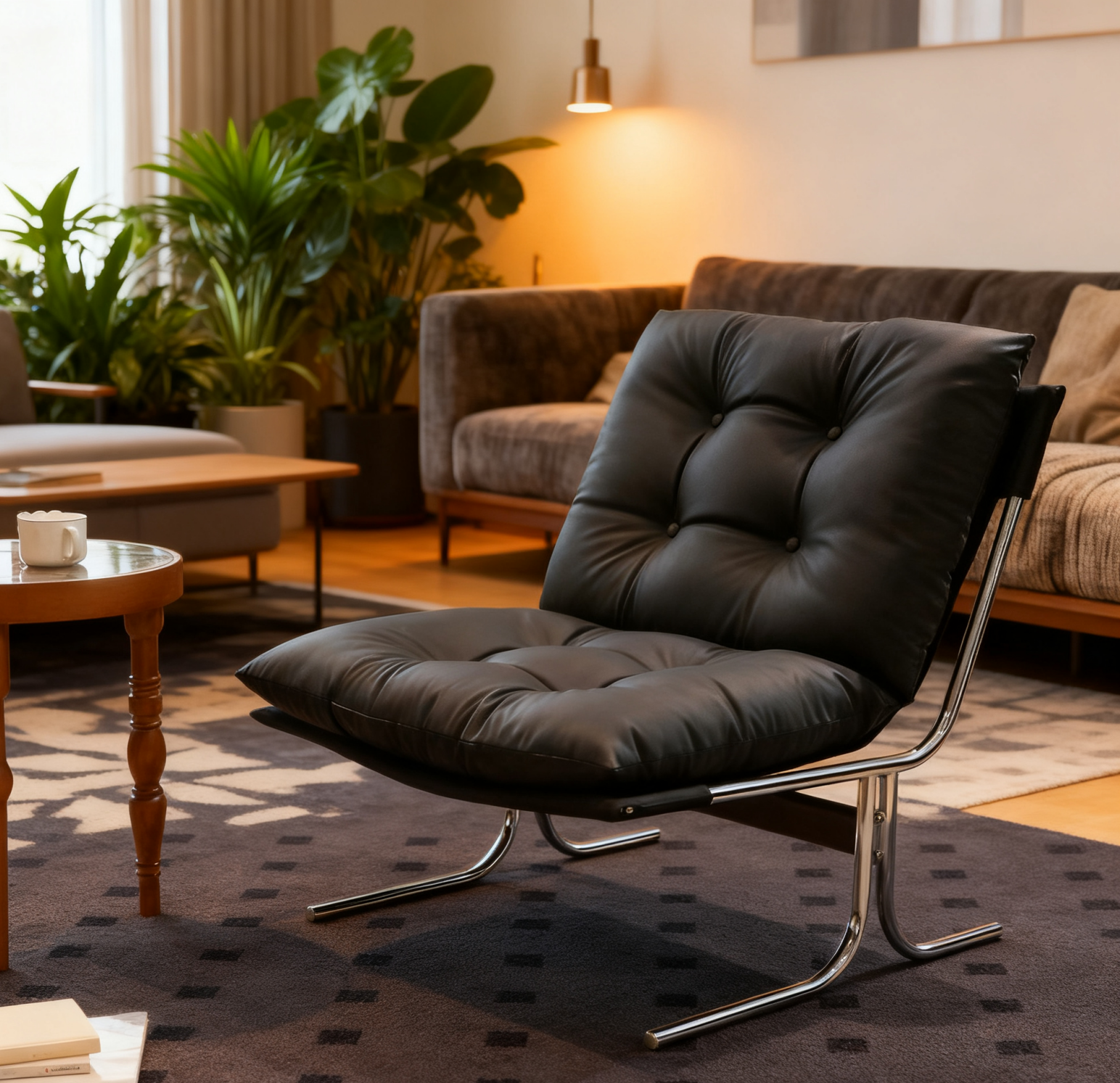 Black Vegan Leather Accent Chair, Modern Wing-Back Lounge Chair
