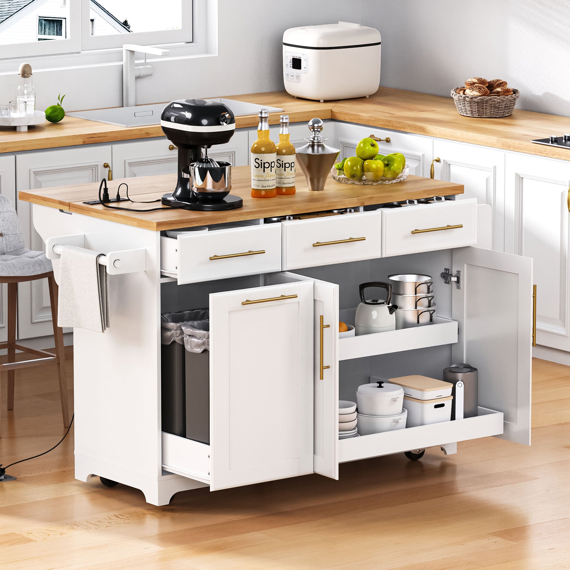 Rolling Kitchen Island, White, Drop-Leaf with Trash Cabinet, 59in