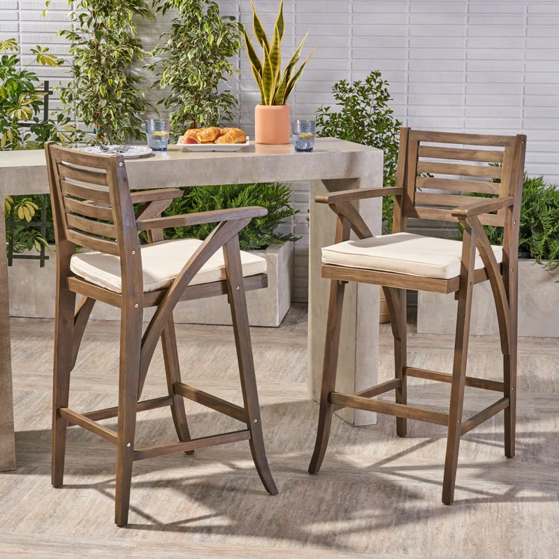 Gray Solid Wood Outdoor Bar Stool with Cushions, Set of 2