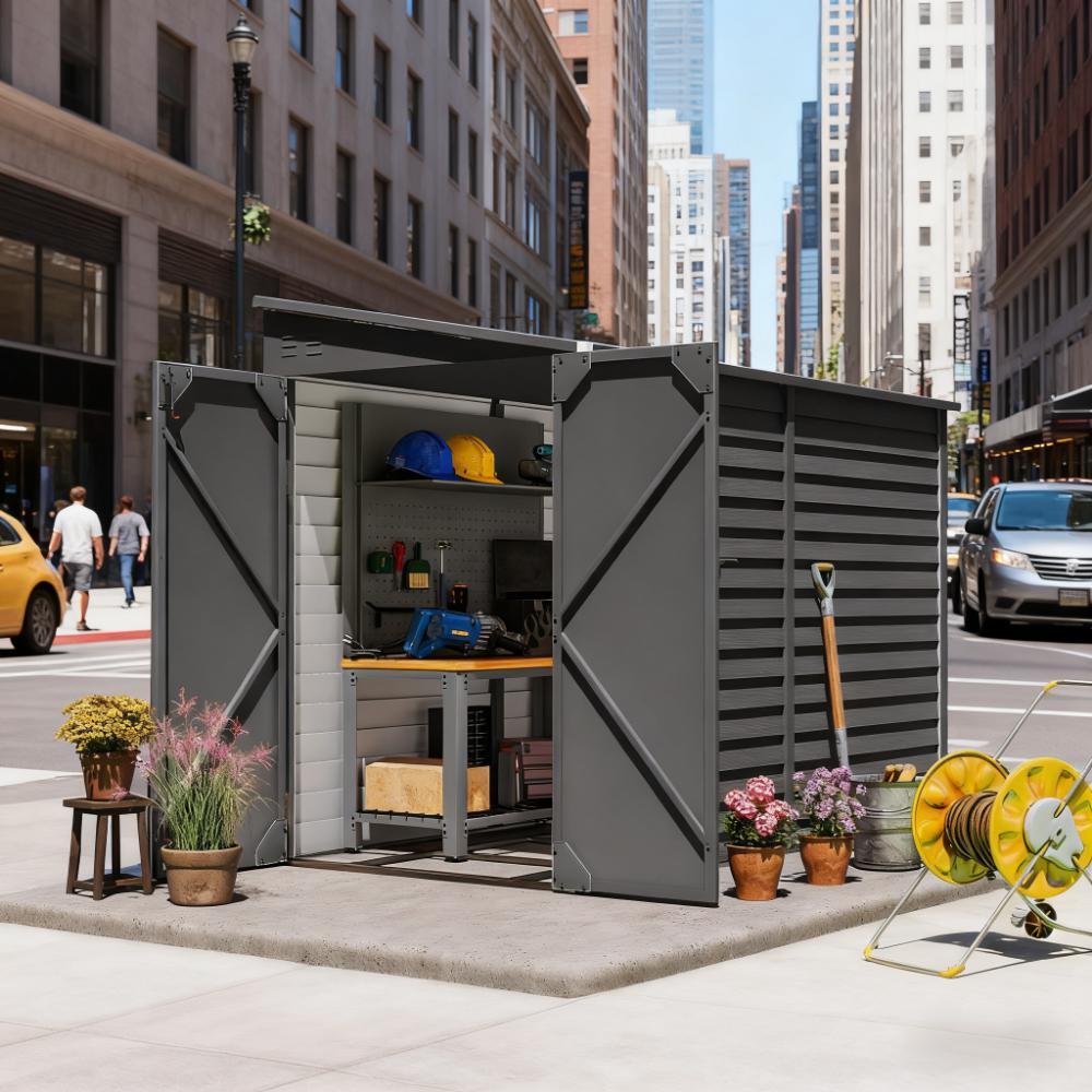 Dark Gray Metal Storage Shed with Lockable Doors, with Foundation