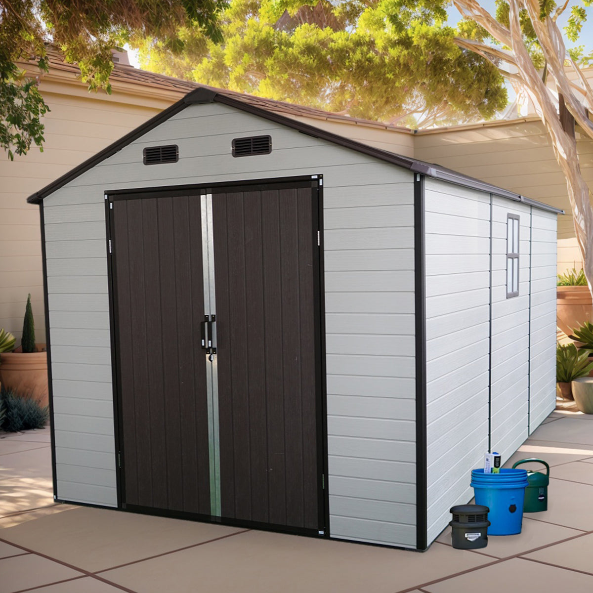Resin Storage Shed with Window, 8x14x7.6 ft, White and Brown