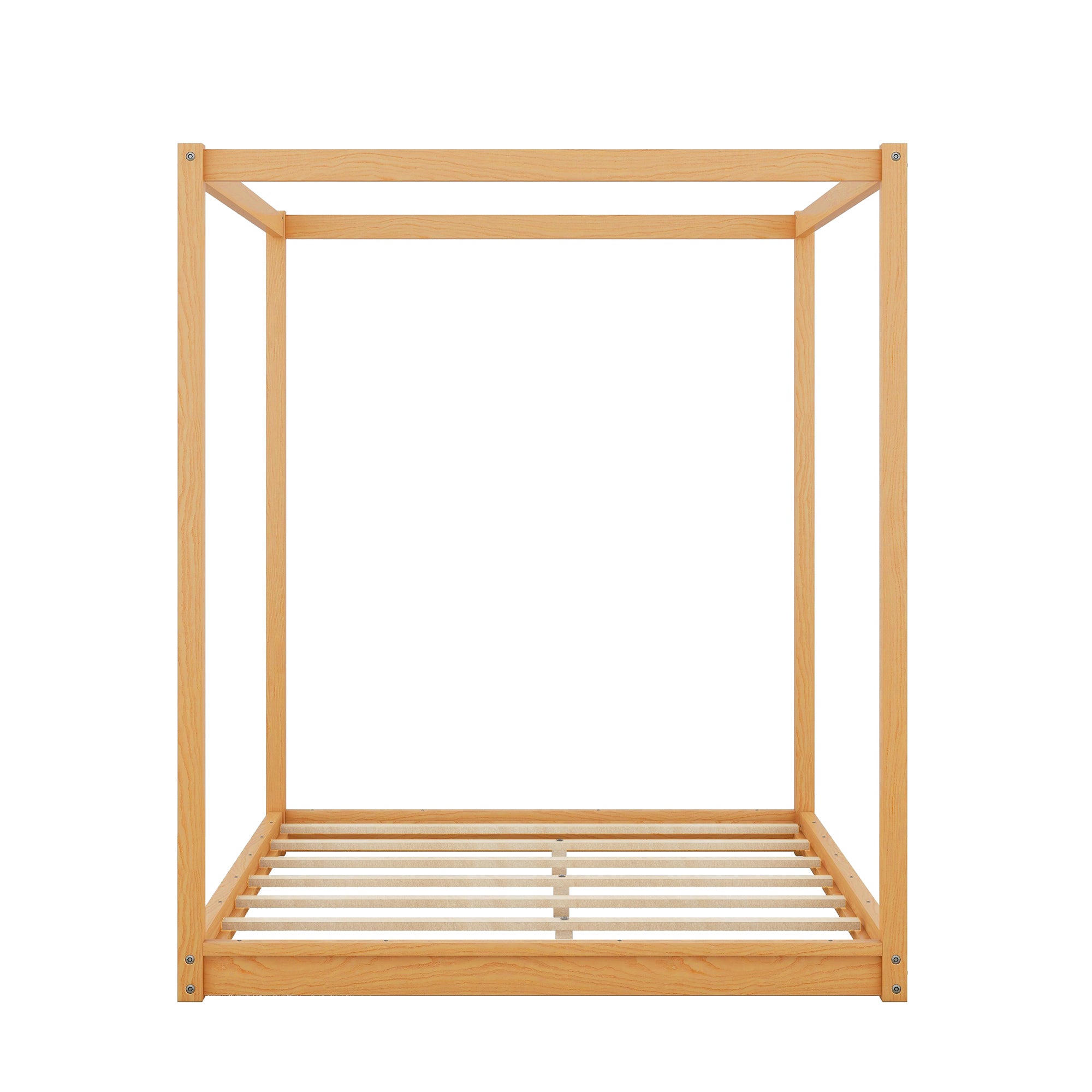 Queen Canopy Platform Bed with Support Legs, Natural Wood