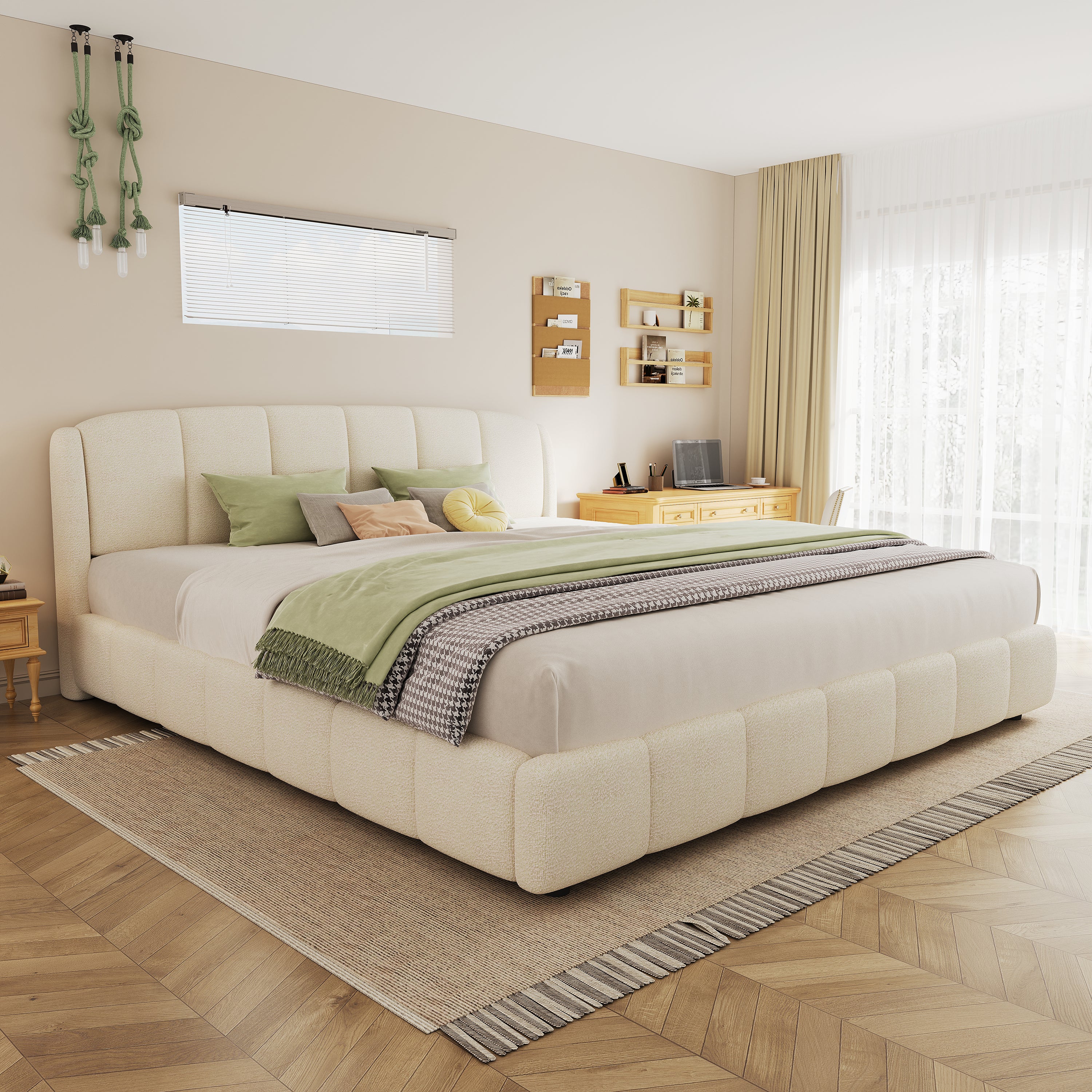Beige bouclé platform king bed with curved channel-tufted headboard, styled bedroom