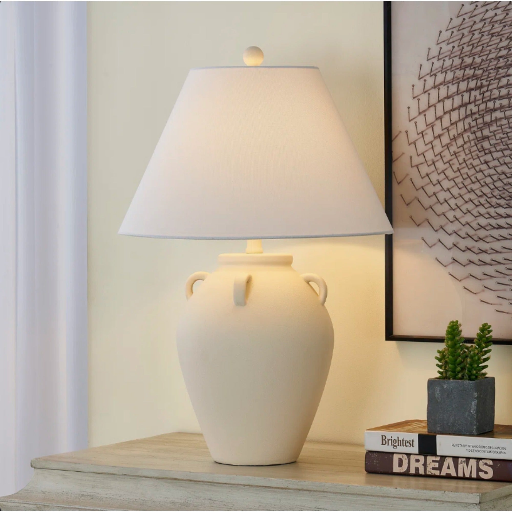 Table Lamp with Ceramic Base and White Shade, Dimmable, Beige