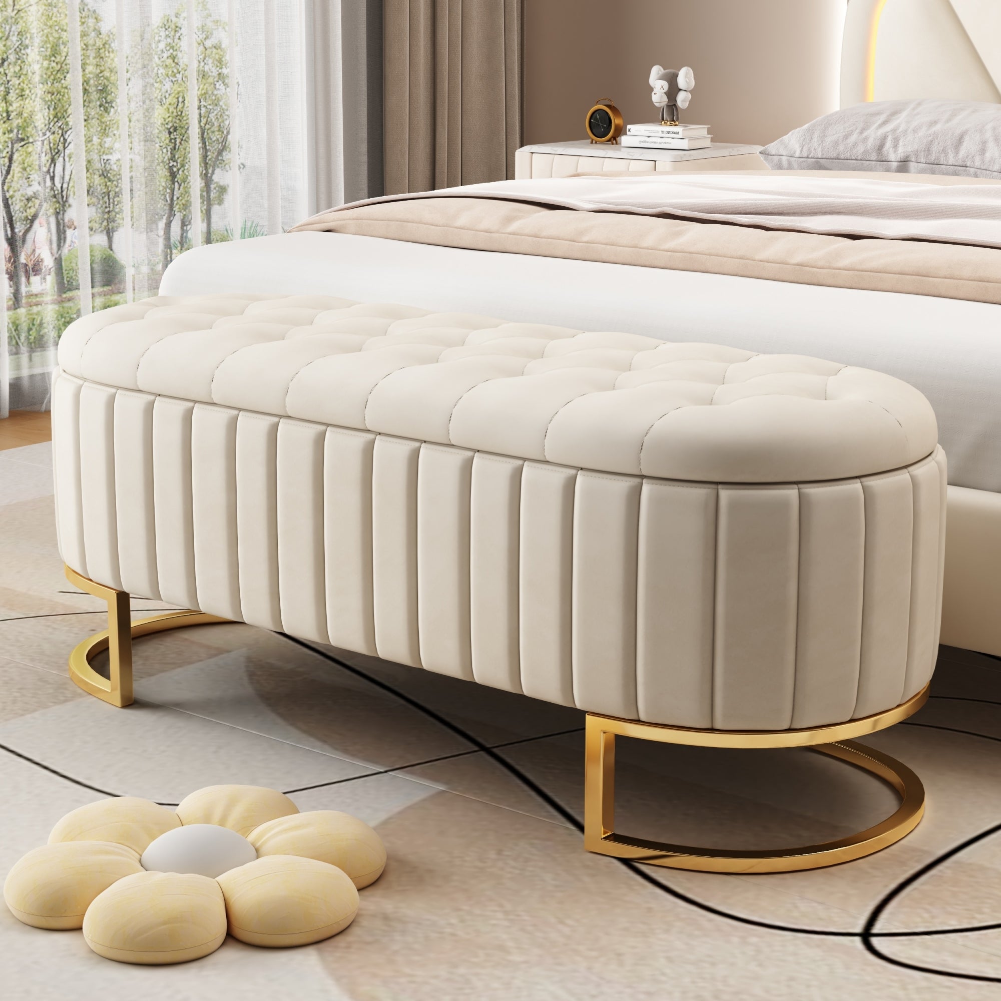 Velvet Storage Bench, Cream Button-Tufted With Gold Legs