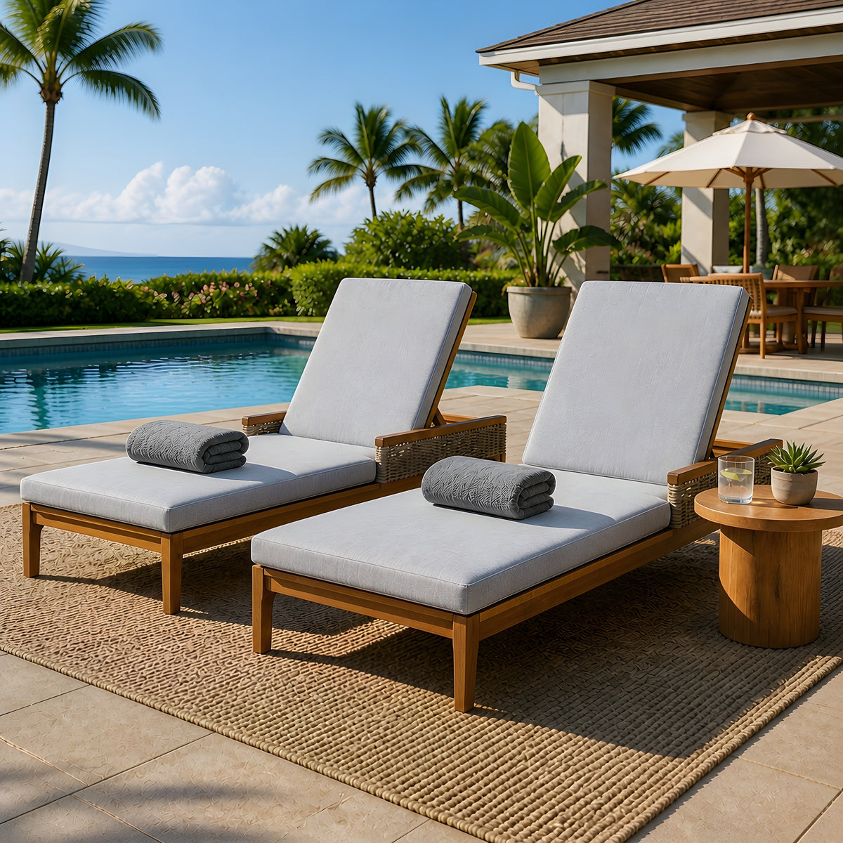 Natural Solid Wood Outdoor Chaise Lounge with Gray Cushions, Set of 2