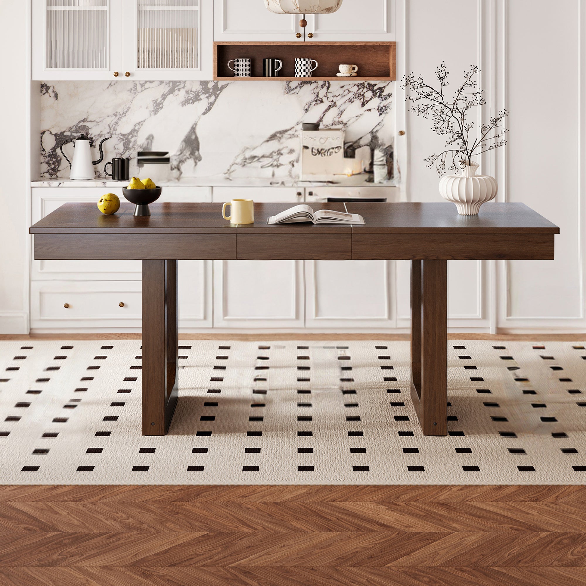Front view of walnut extendable dining table with U-shaped legs in a styled kitchen setting