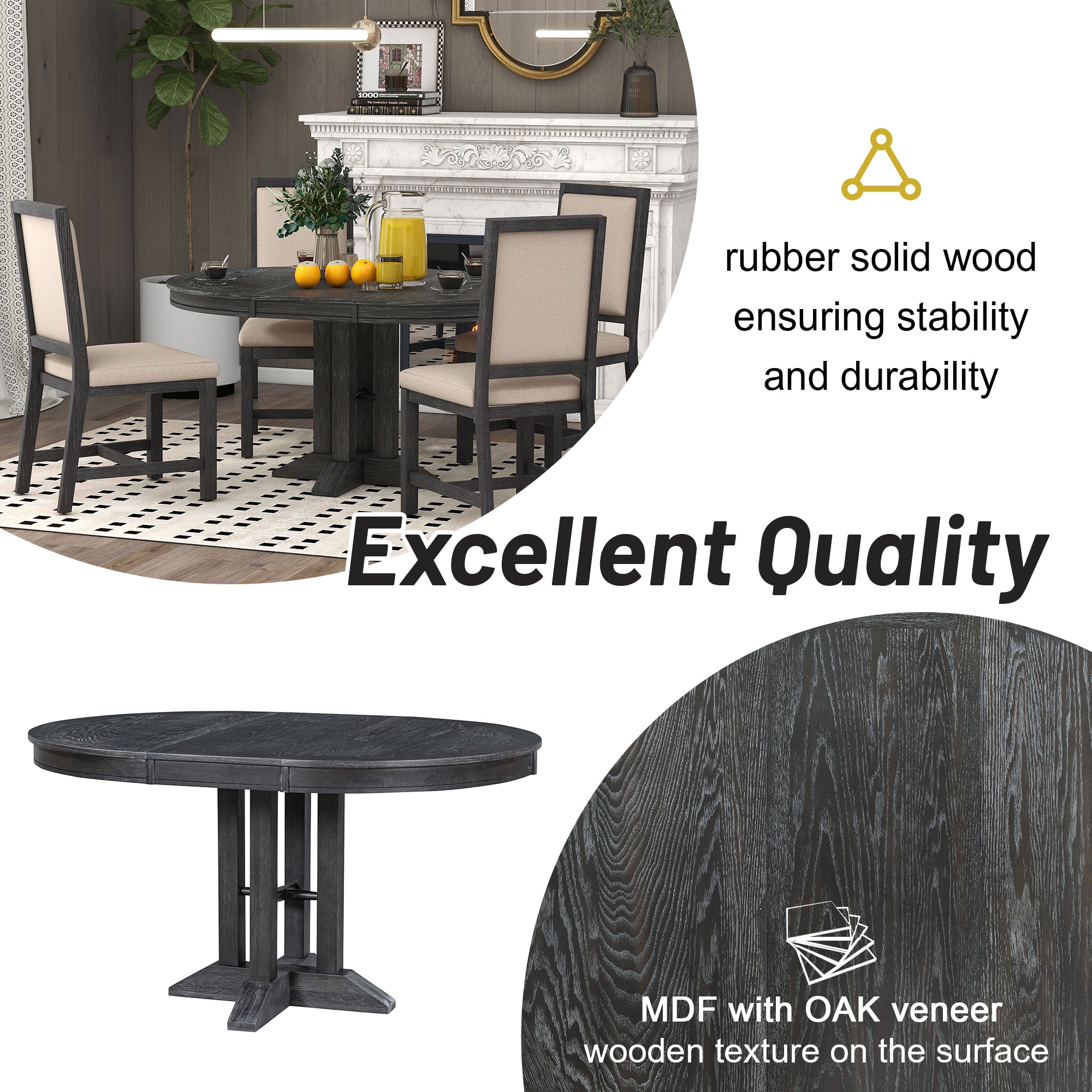 Feature graphic noting a rubber solid wood base and MDF top with oak veneer