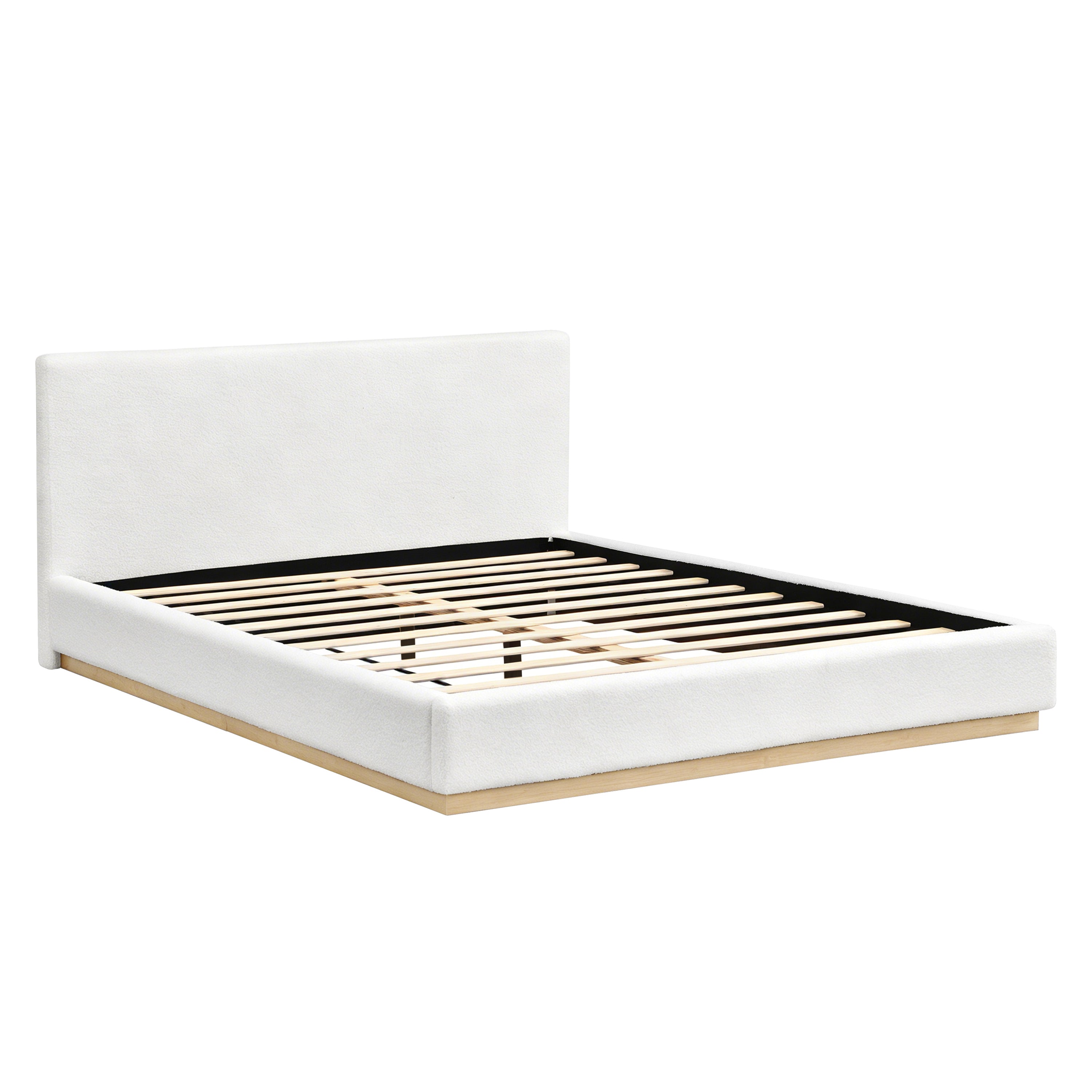 Queen Chenille Upholstered Platform Bed, White and Natural