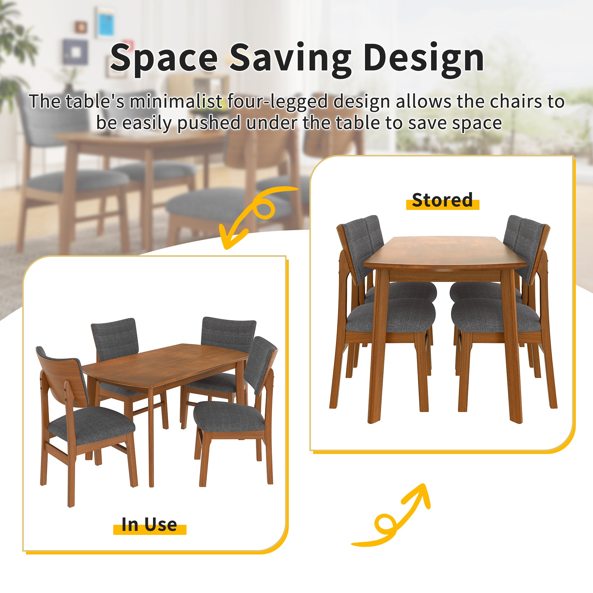 Feature graphic showing the space-saving four-leg design with chairs shown stored under the table and in use