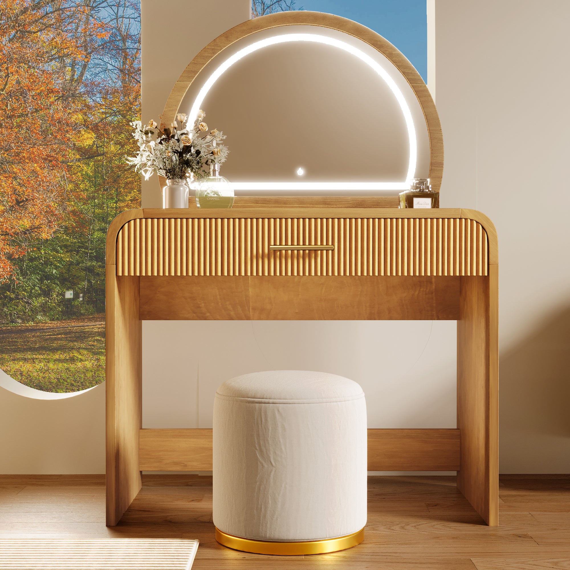 39-Inch Natural Vanity Desk with Removable Lighted Mirror