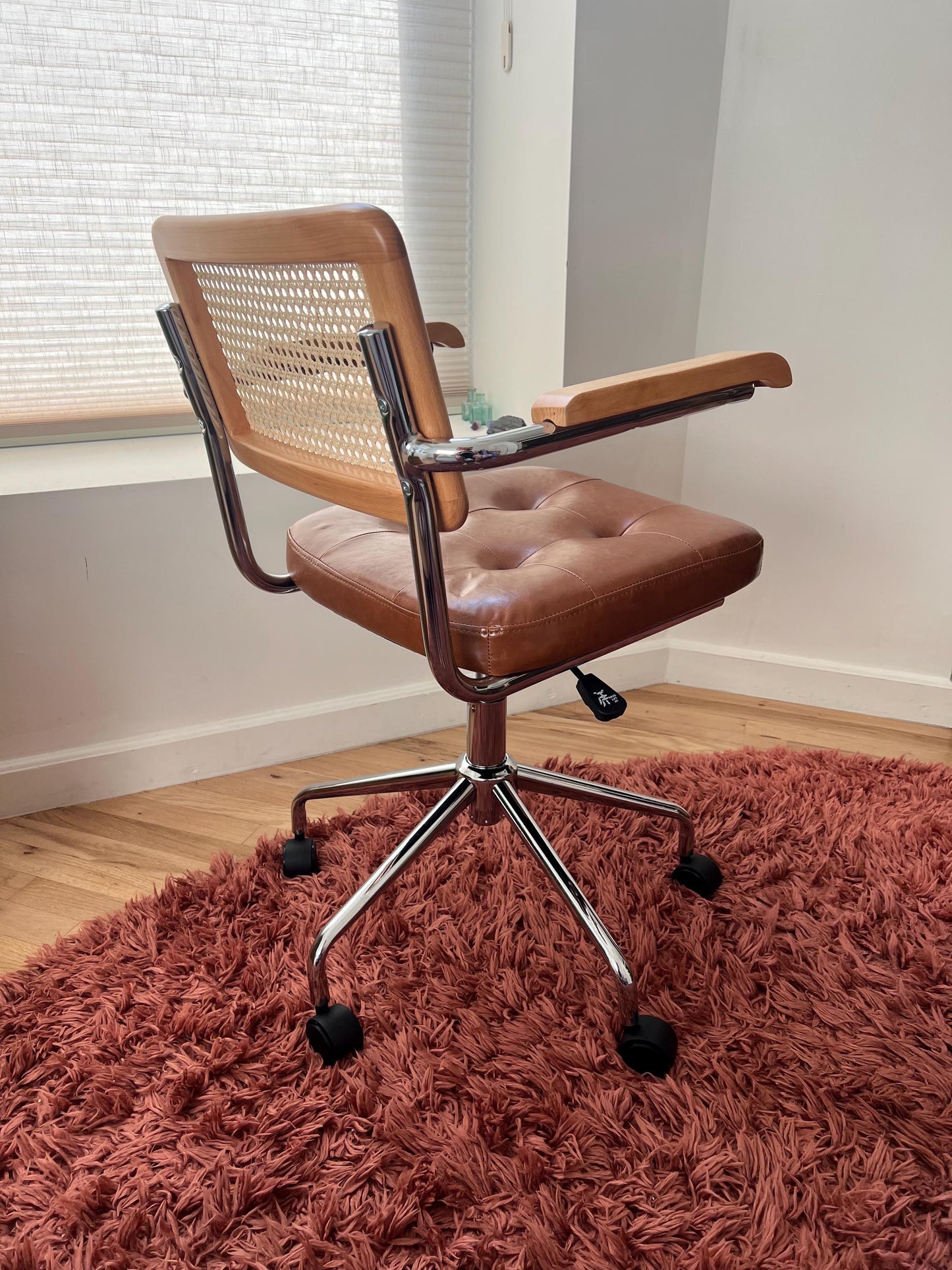 Mid Century Modern Desk & Office Chair – Handwoven Rattan & Vegan Leather