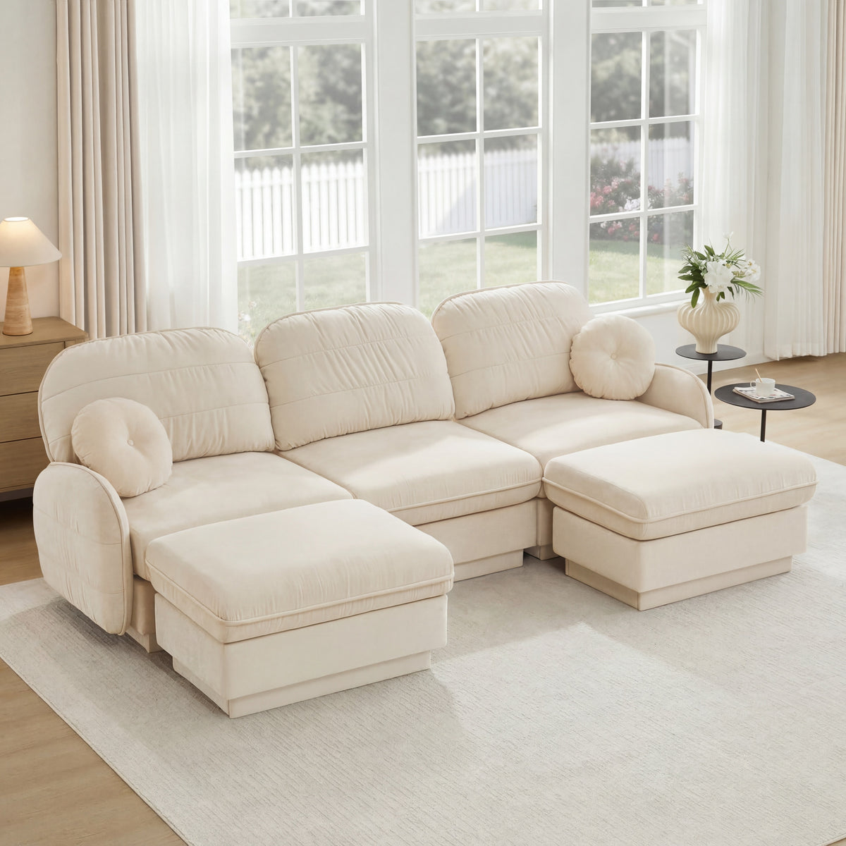 Cream Chenille Sectional Couch with 2 Ottomans, 105.1 in Wide