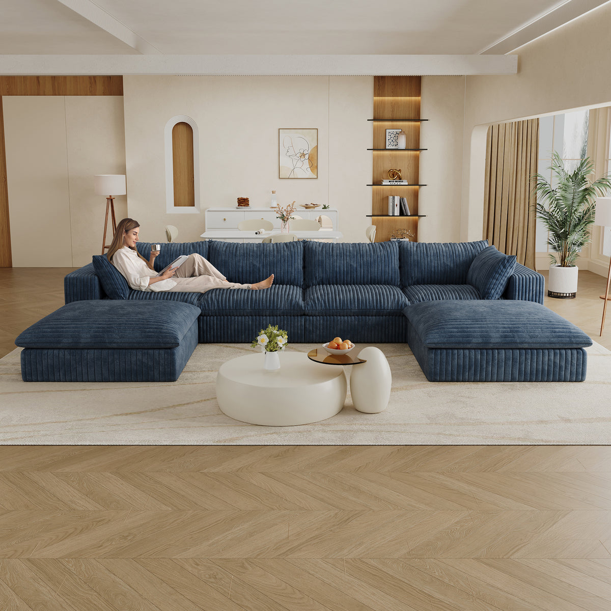 Blue Corduroy Modular 6-Seat Couch, No Assembly, 157.6 in Wide