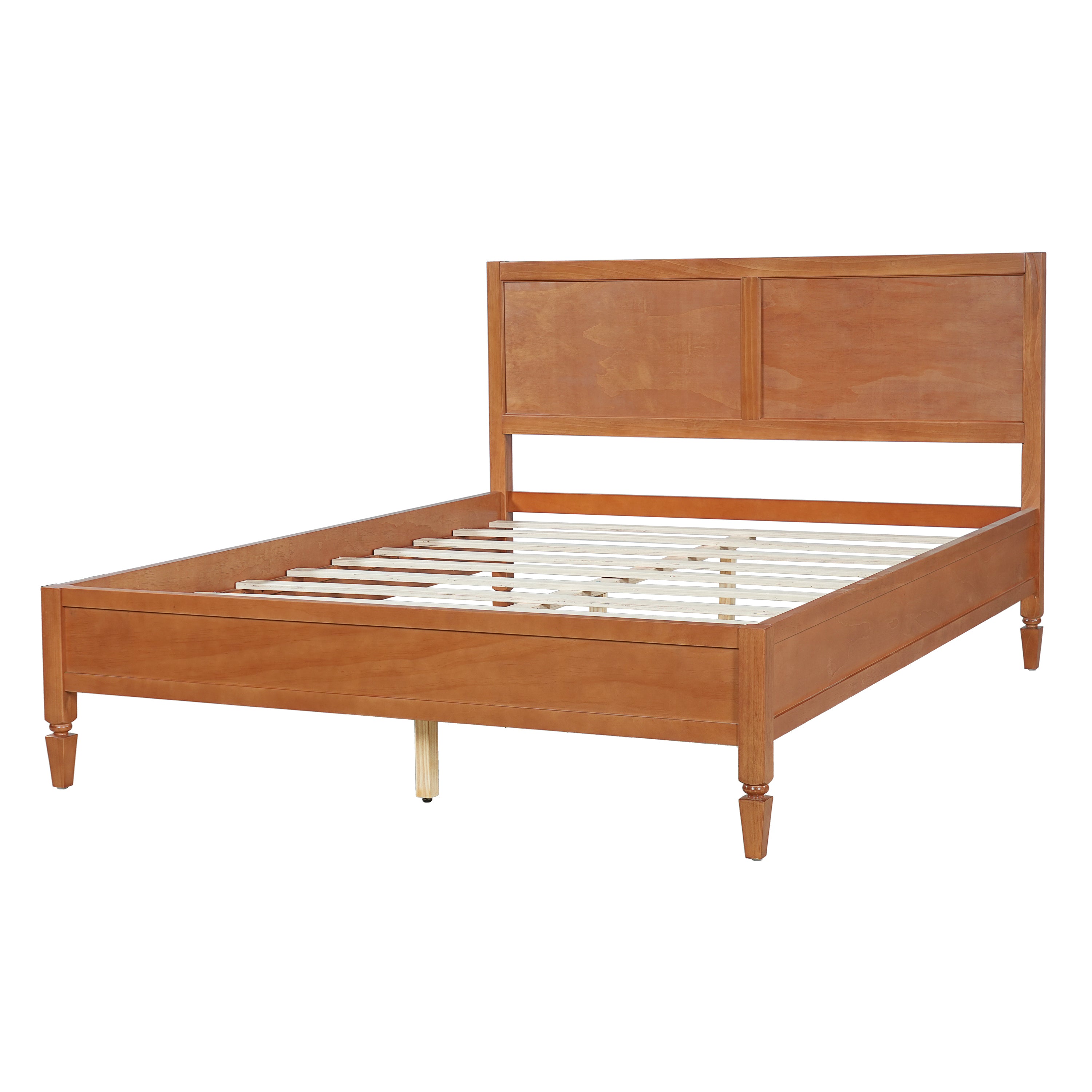 Studio angled bare brown platform bed frame showing turned tapered legs and exposed wood slats